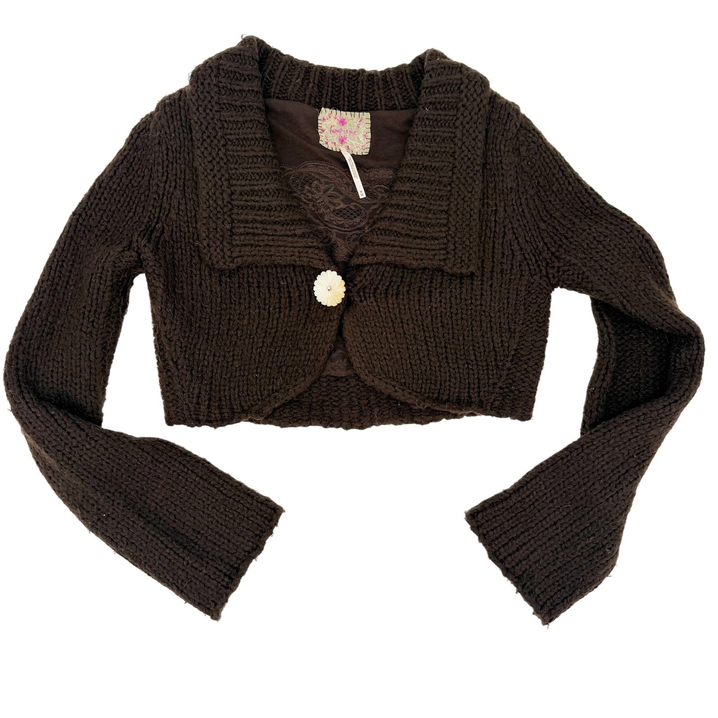 Free People brown Crop Sweater women's MEDIUM top flower button *NOT oversized*