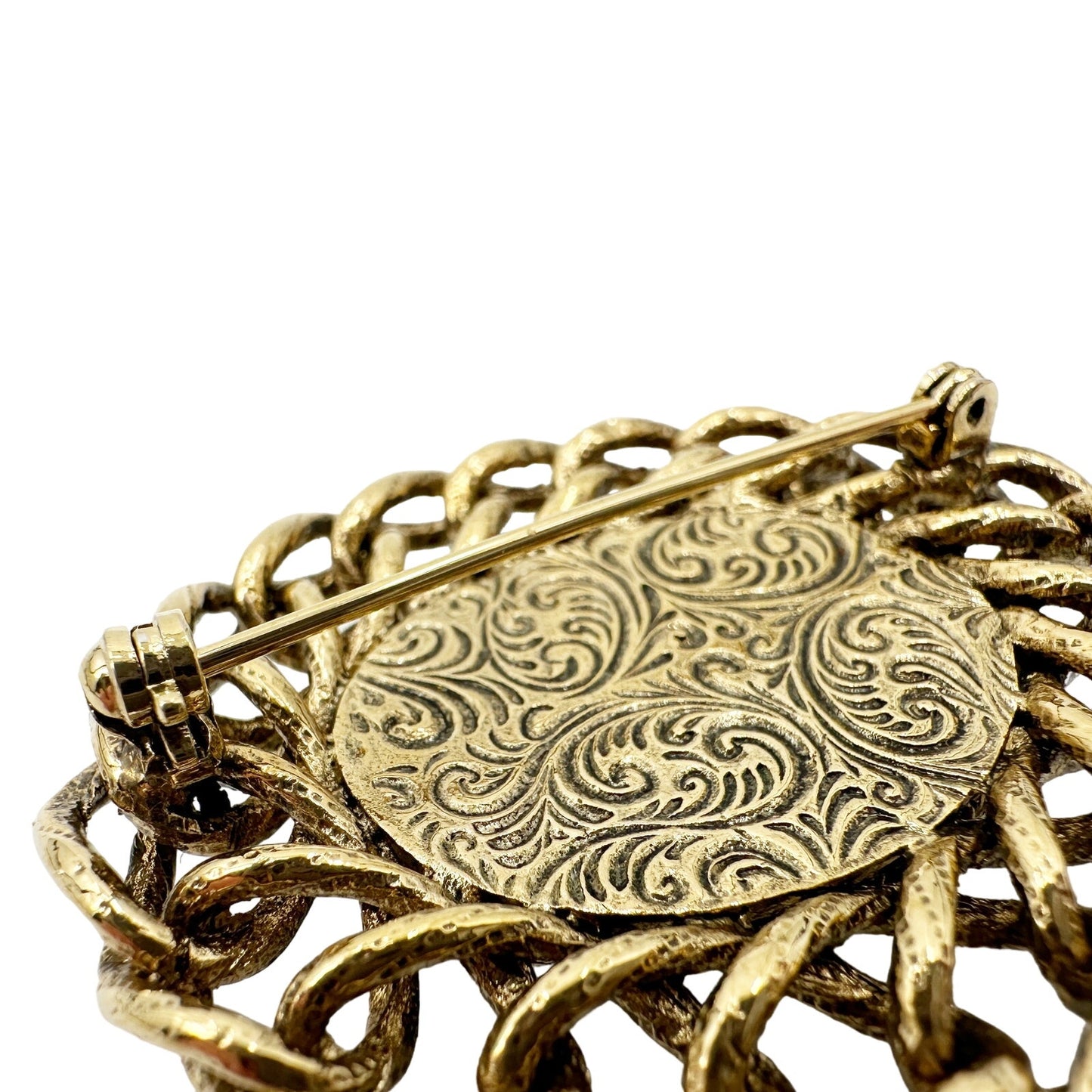 vintage oval gold BROOCH faux blue gemstone center jewelry pin