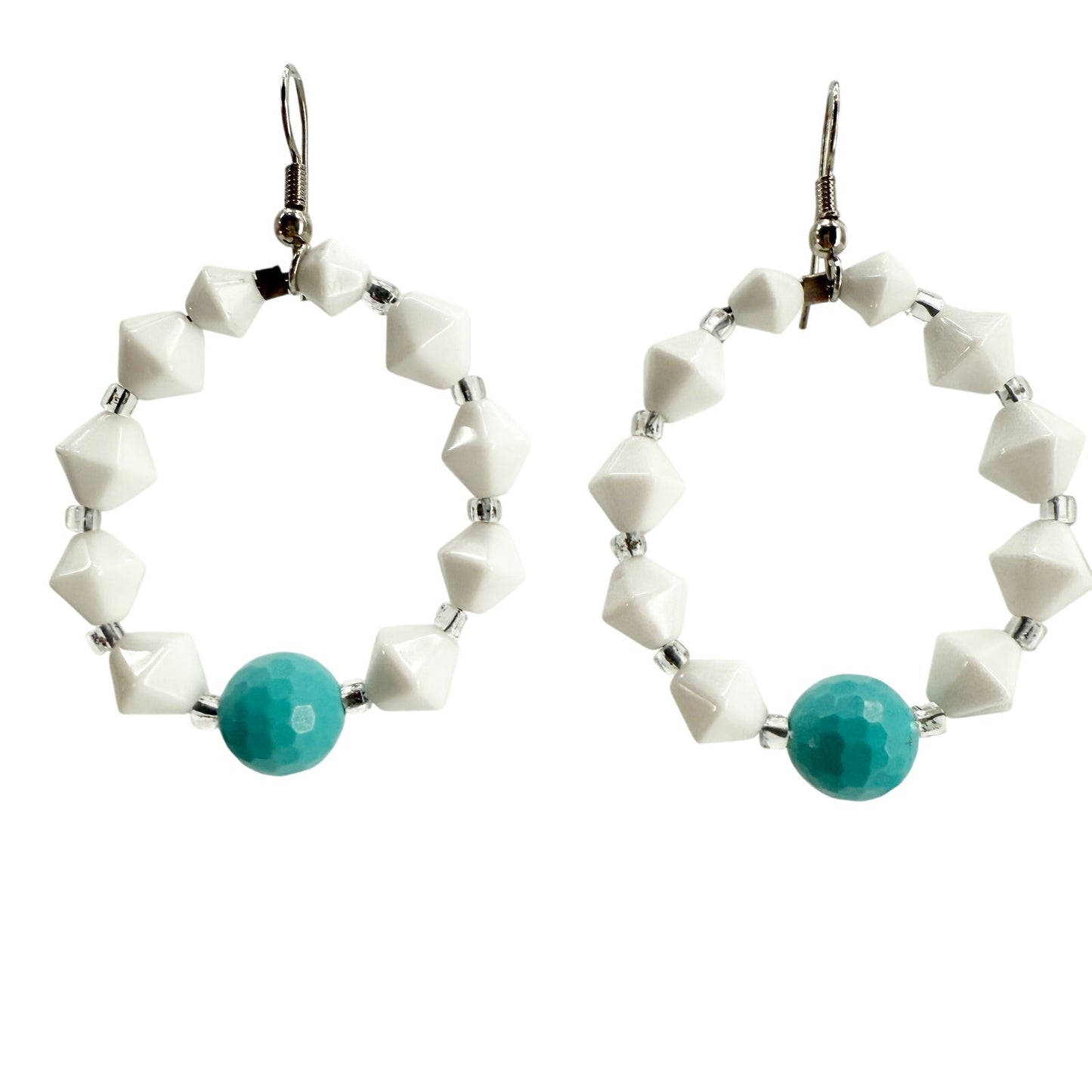 handmade white & turquoise blue loop beaded EARRINGS jewelry NEW vintage beads