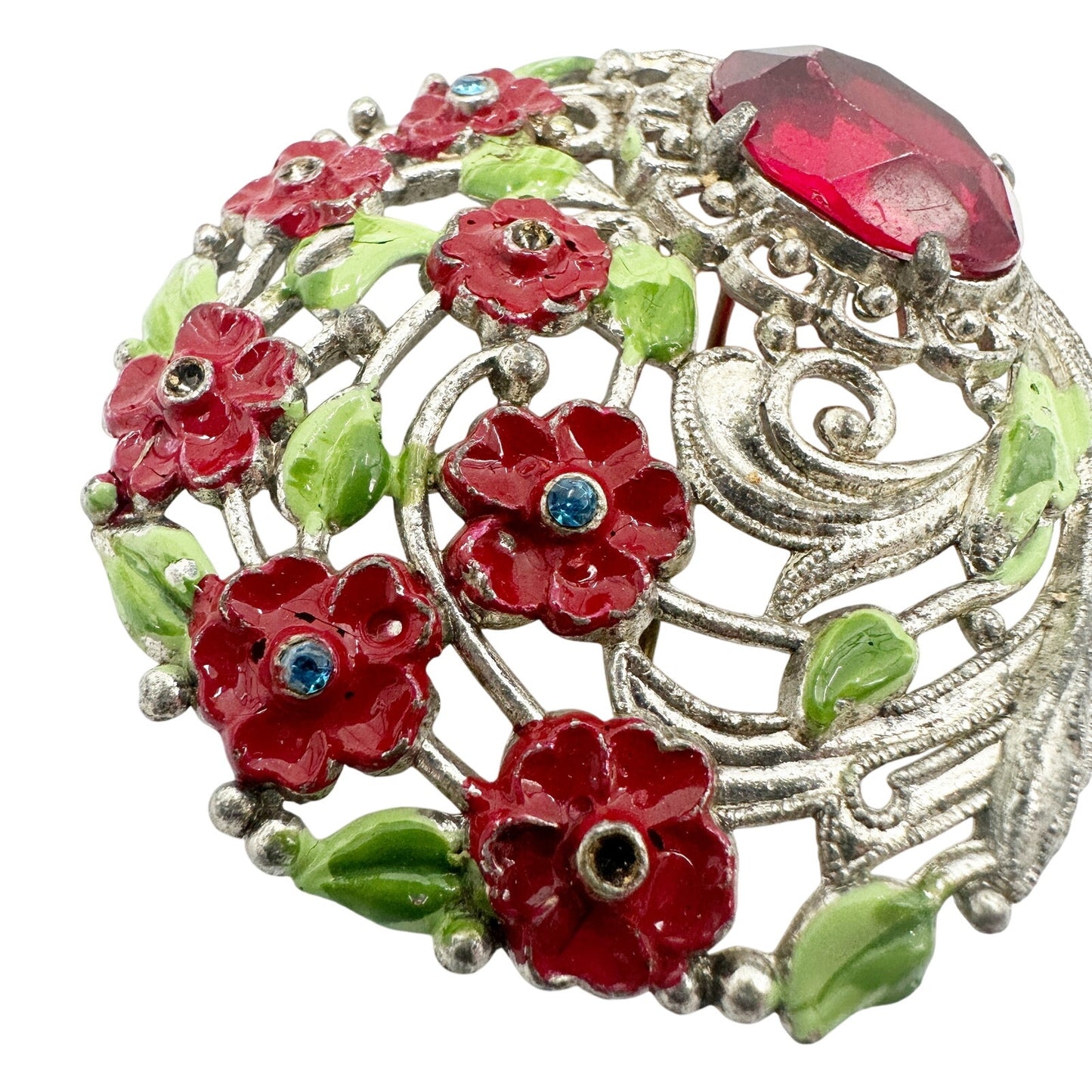 vintage silver metal red enamel finish flowers BROOCH round floral jewelry pin