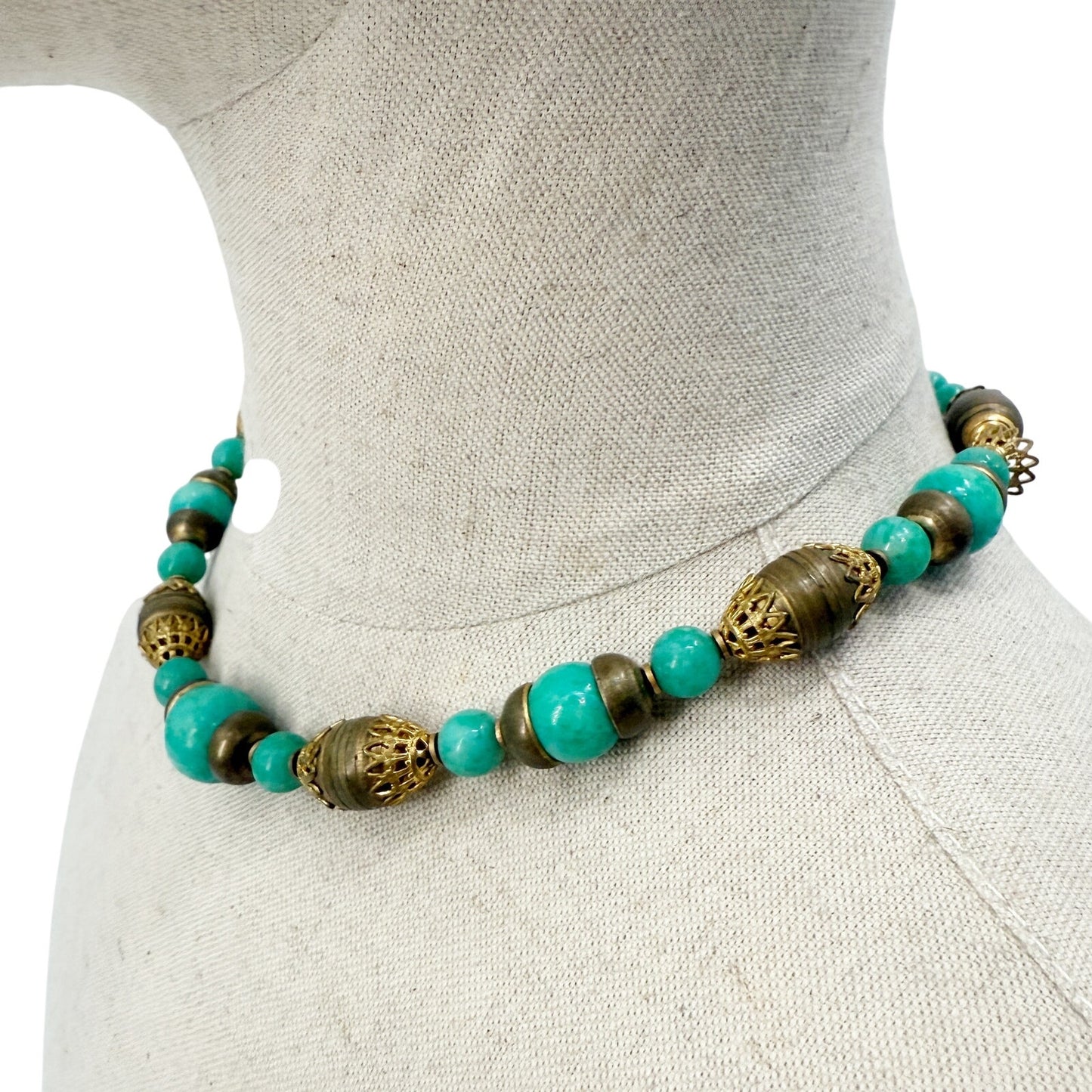 vintage antique gold metal & glass turquoise green beads Necklace foxtail chain