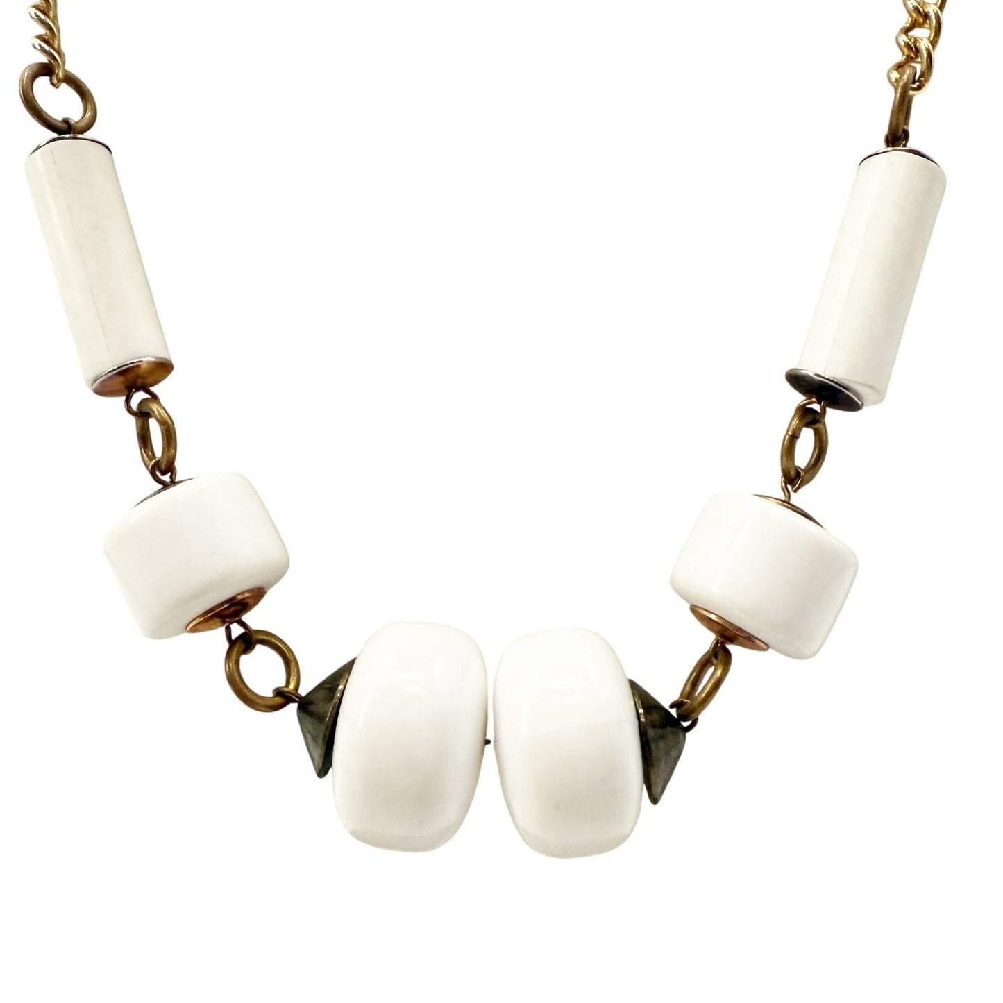 vintage gold tone metal chain chunky white beads Beaded Necklace costume jewelry