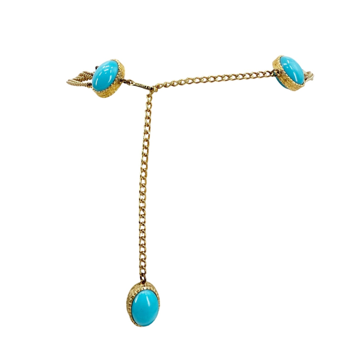 vintage Marvella gold chain Necklace oval faux blue stones costume jewelry