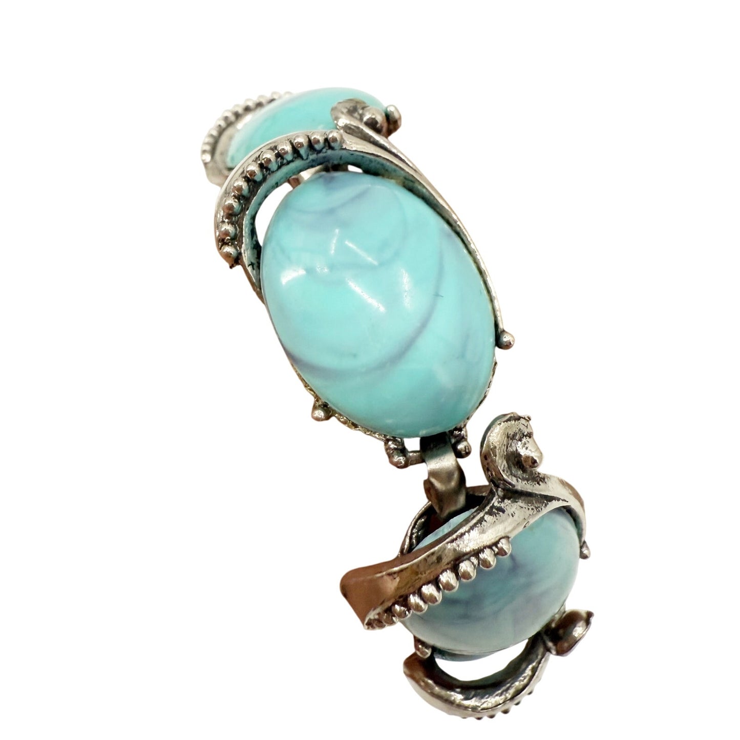 vintage faux turquoise stones & silver tone metal Link Bracelet costume jewelry