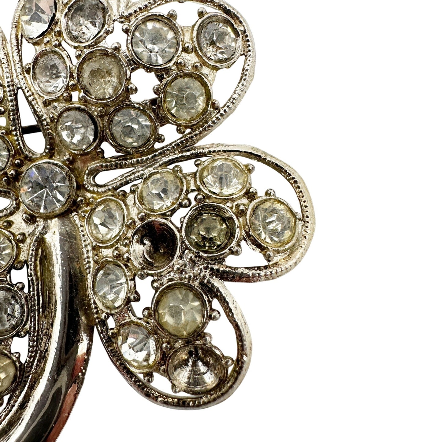 vintage silver & clear rhinestones four leaf clover BROOCH jewelry pin