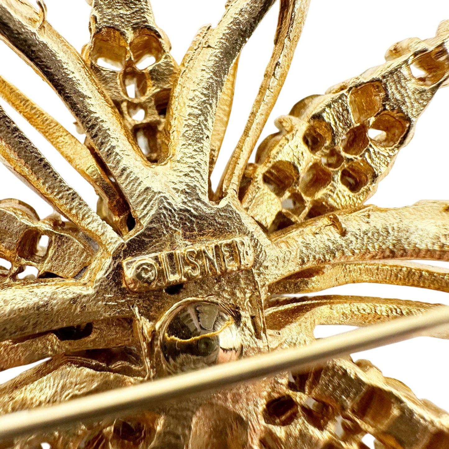 vintage Lisner gold & rhinestones starflower flower BROOCH floral jewelry pin