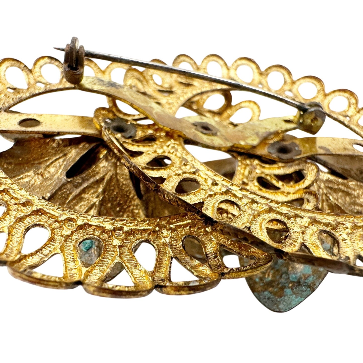 vintage double flowers bronze metal BROOCH floral jewelry pin