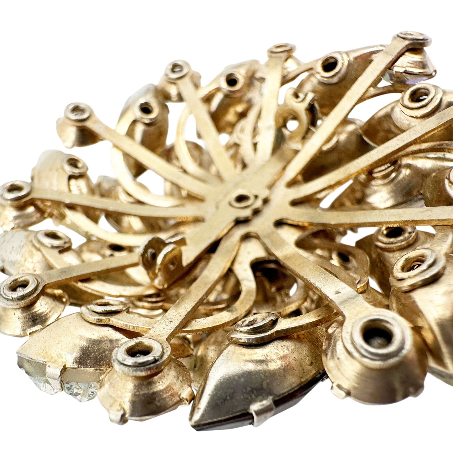 vintage gold & brown rhinestones sparkly BROOCH round jewelry pin *missing pin*