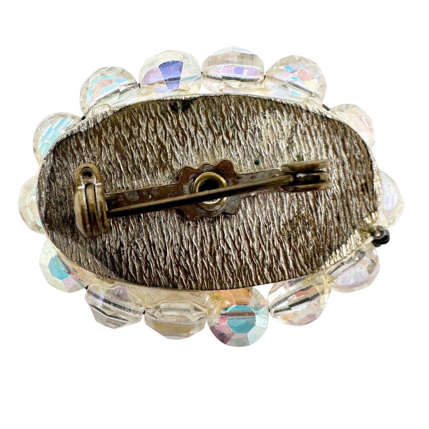 vintage iridescent beads & clear rhinestones BROOCH oval-shaped jewelry pin