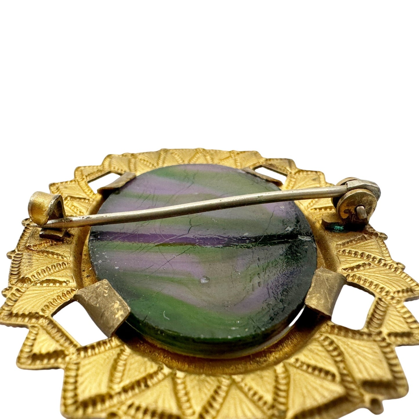 vintage antique gold tone metal purple & green oval stone BROOCH jewelry pin