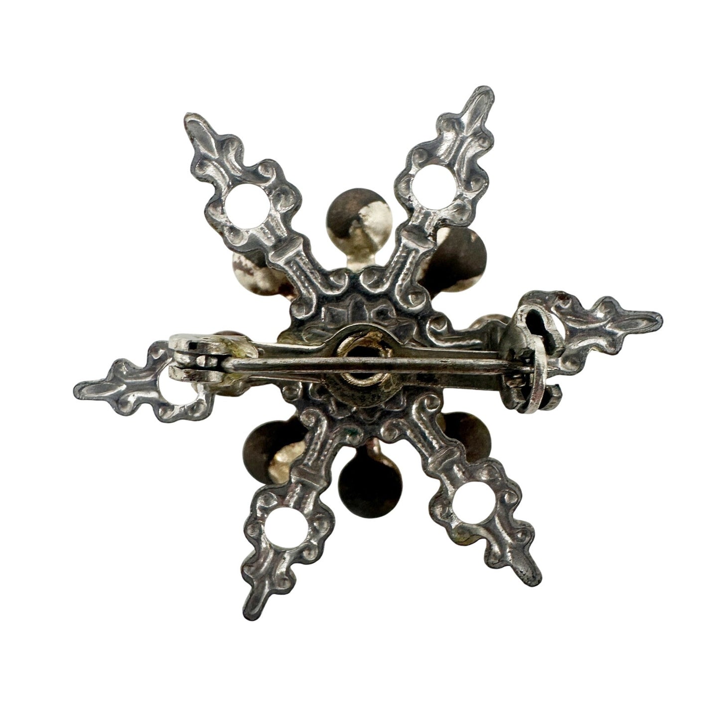 vintage silver metal & rhinestones snowflake BROOCH jewelry pin