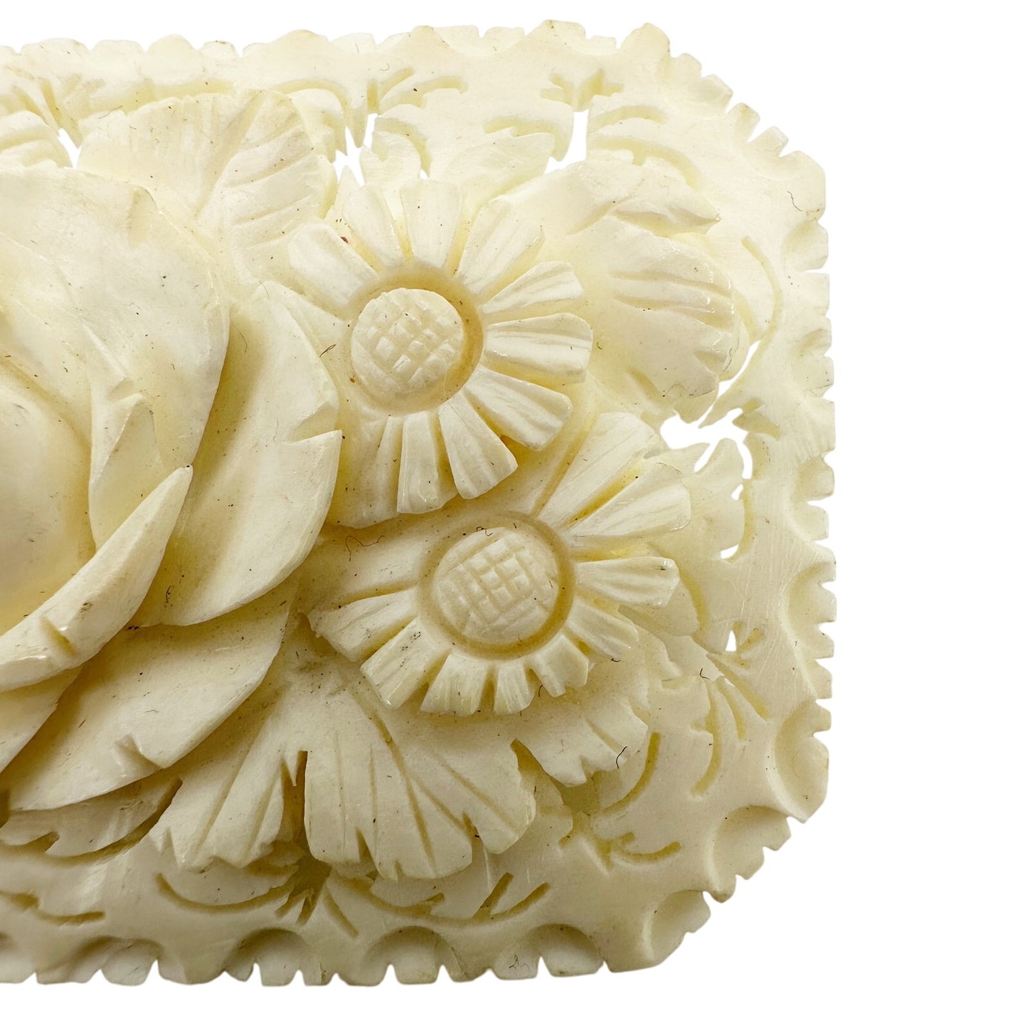 vintage cream carved celluloid flower BROOCH floral jewelry pin trombone clasp