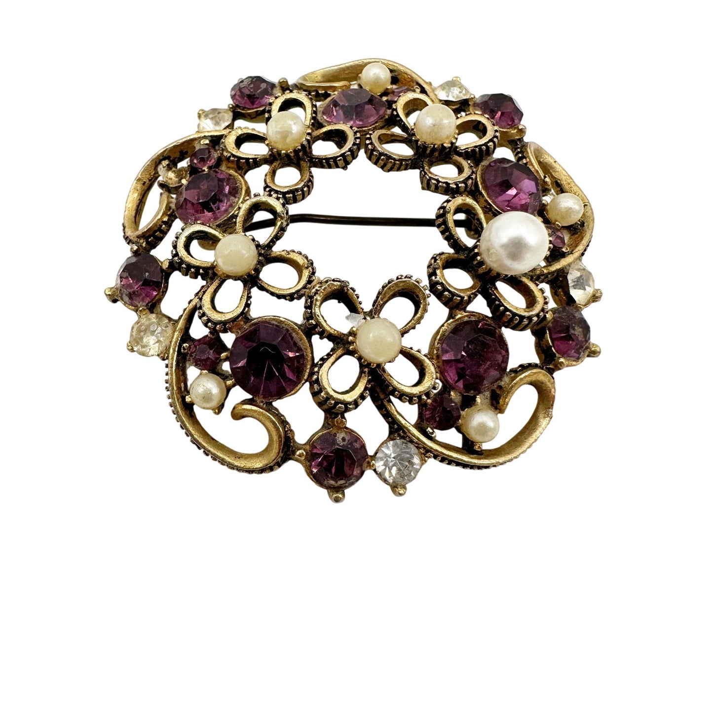 vintage gold purple faux pearls rhinestones flower BROOCH floral jewelry pin