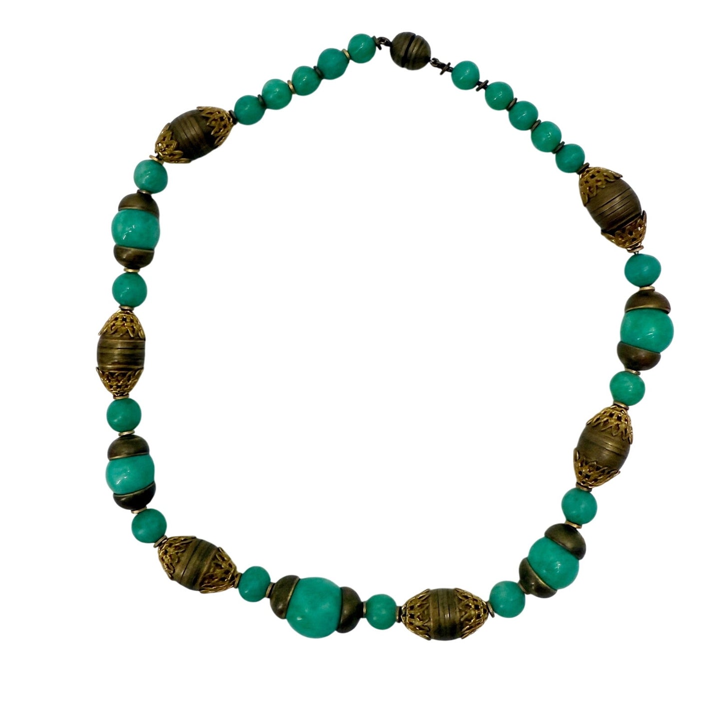 vintage antique gold metal & glass turquoise green beads Necklace foxtail chain