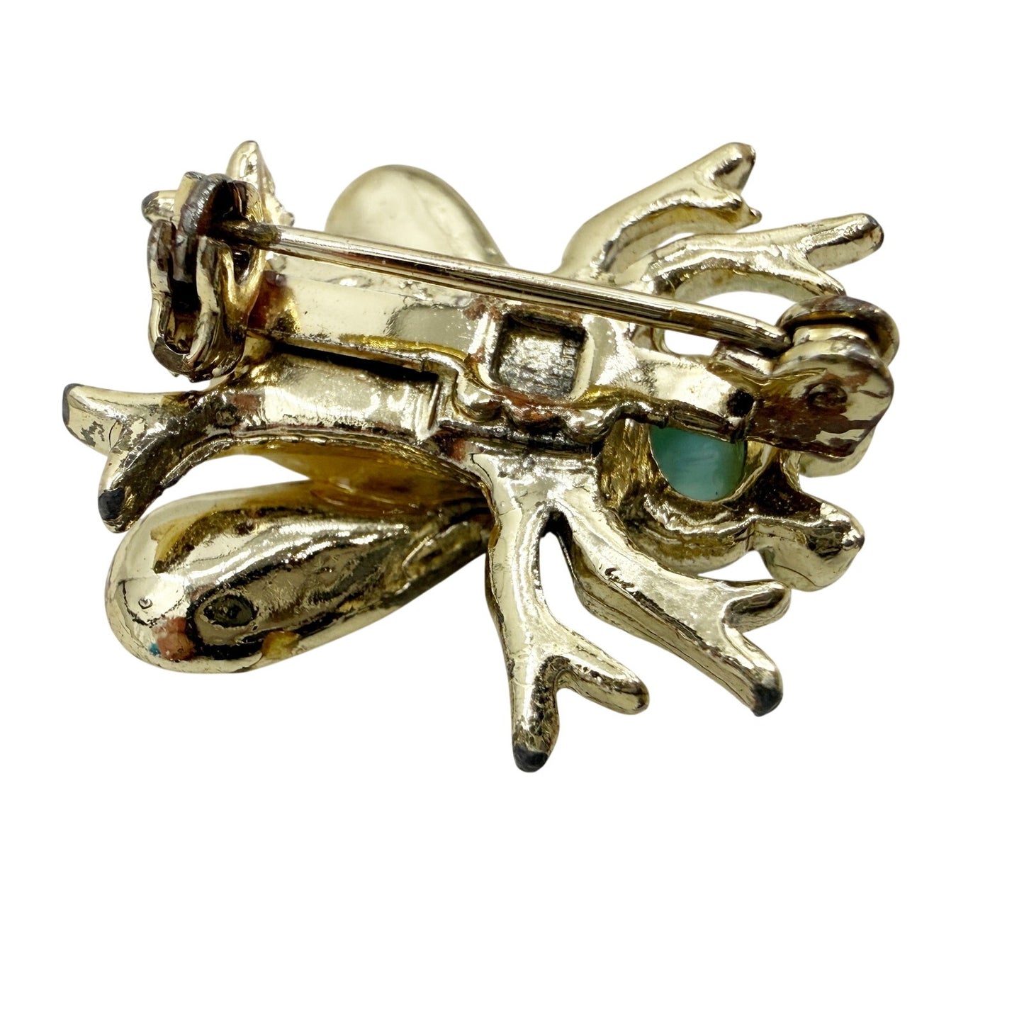 vintage aqua cabochon rhinestones gold Fly Bug BROOCH insect costume jewelry pin