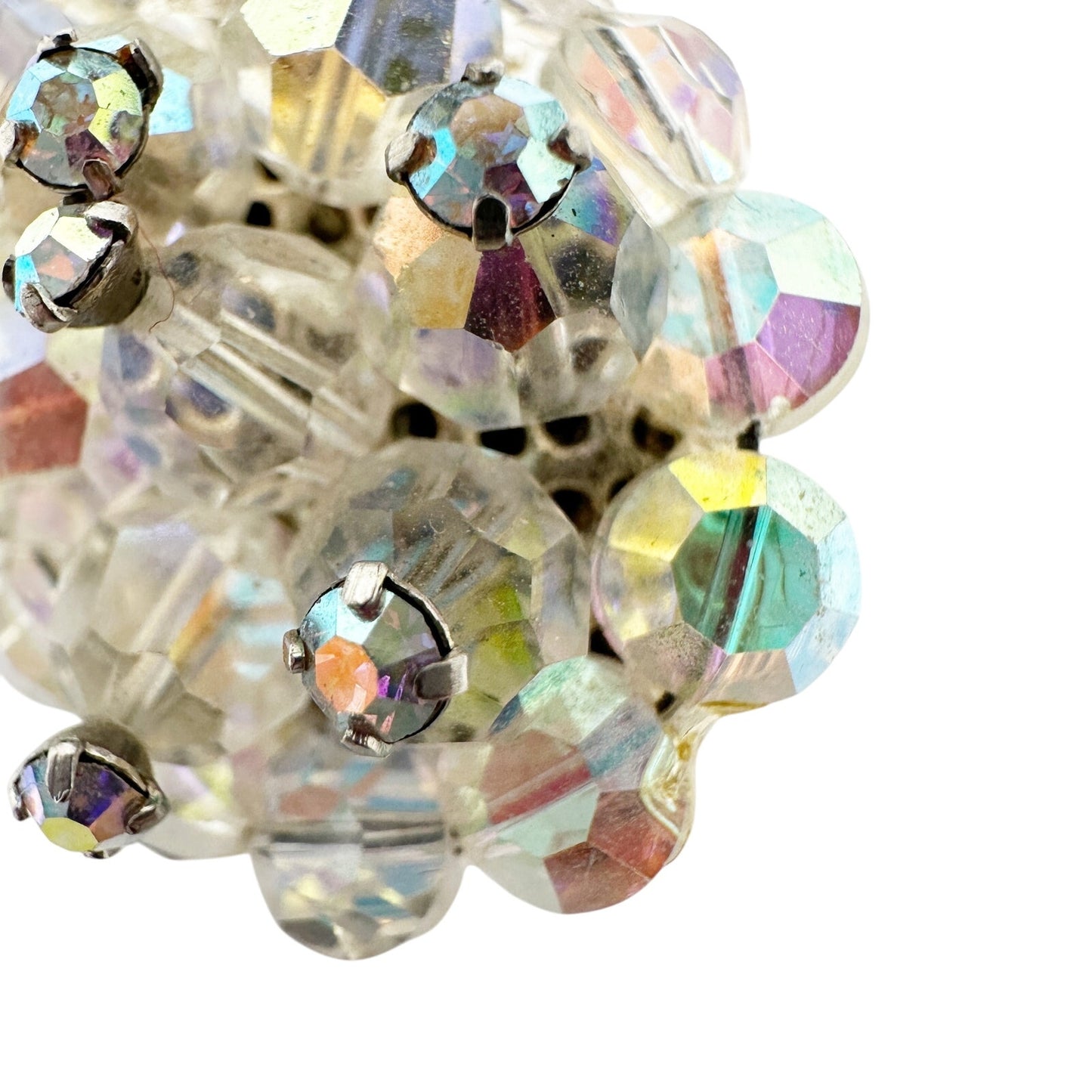 vintage iridescent beads & clear rhinestones BROOCH oval-shaped jewelry pin