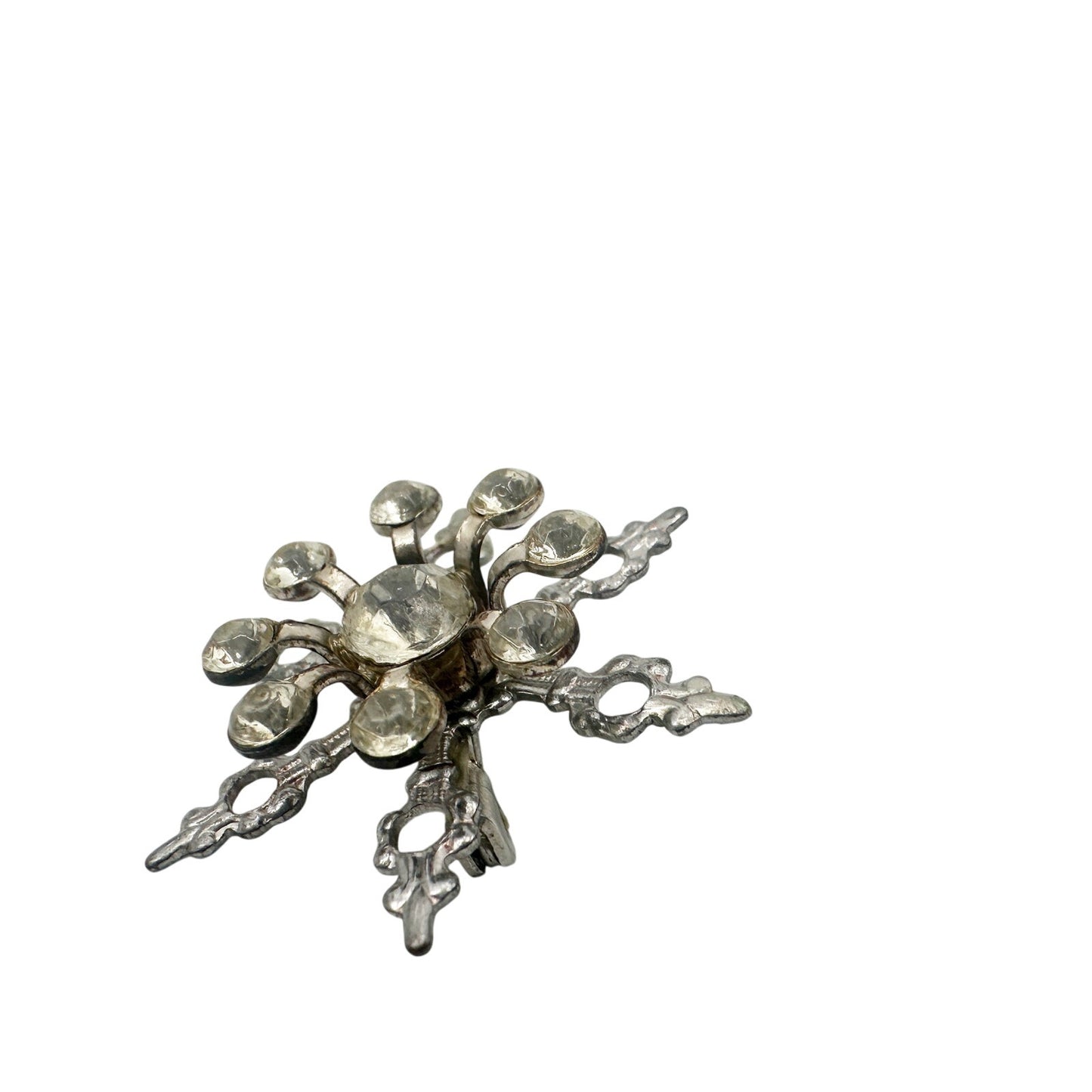 vintage silver metal & rhinestones snowflake BROOCH jewelry pin