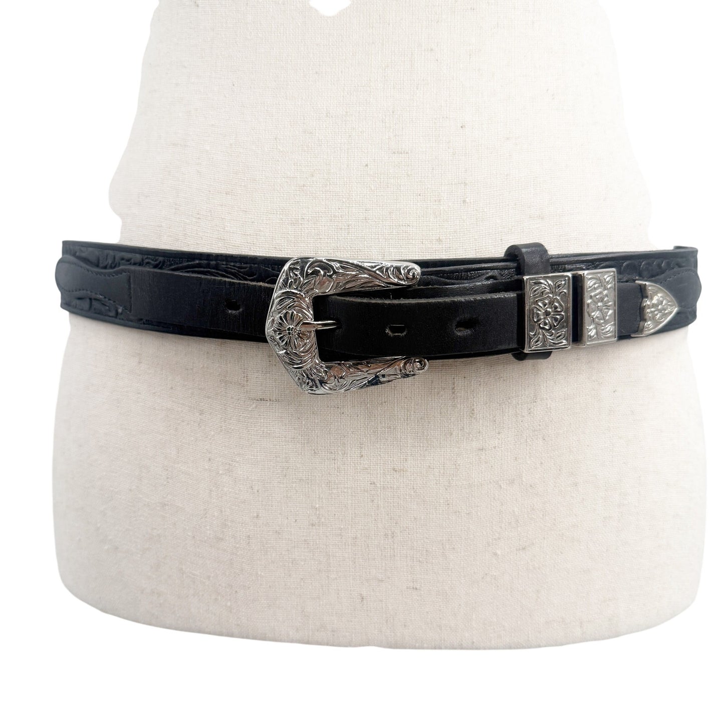 Harley Davidson black tooled leather silver metal Belt womens LARGE Chippewa USA