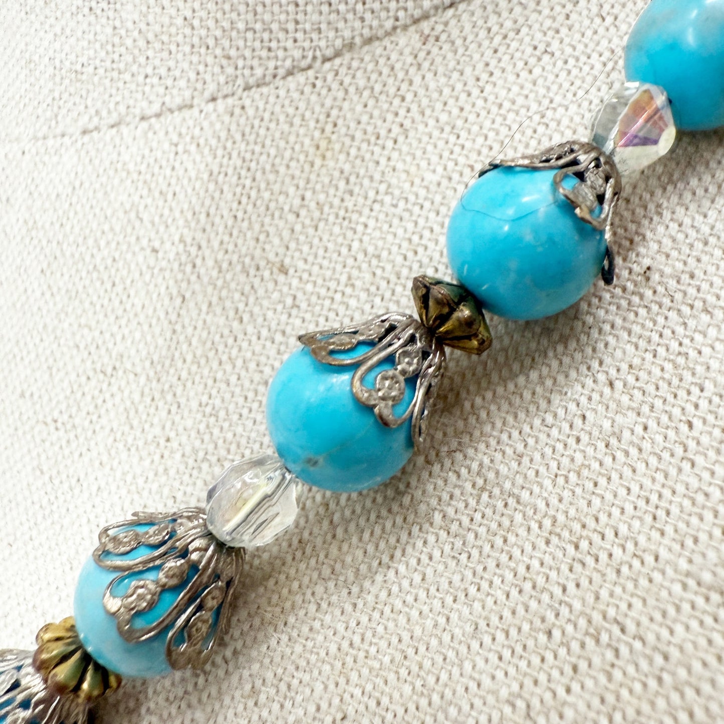 vintage blue beads clear rhinestones Cross Pendant Necklace handmade jewelry