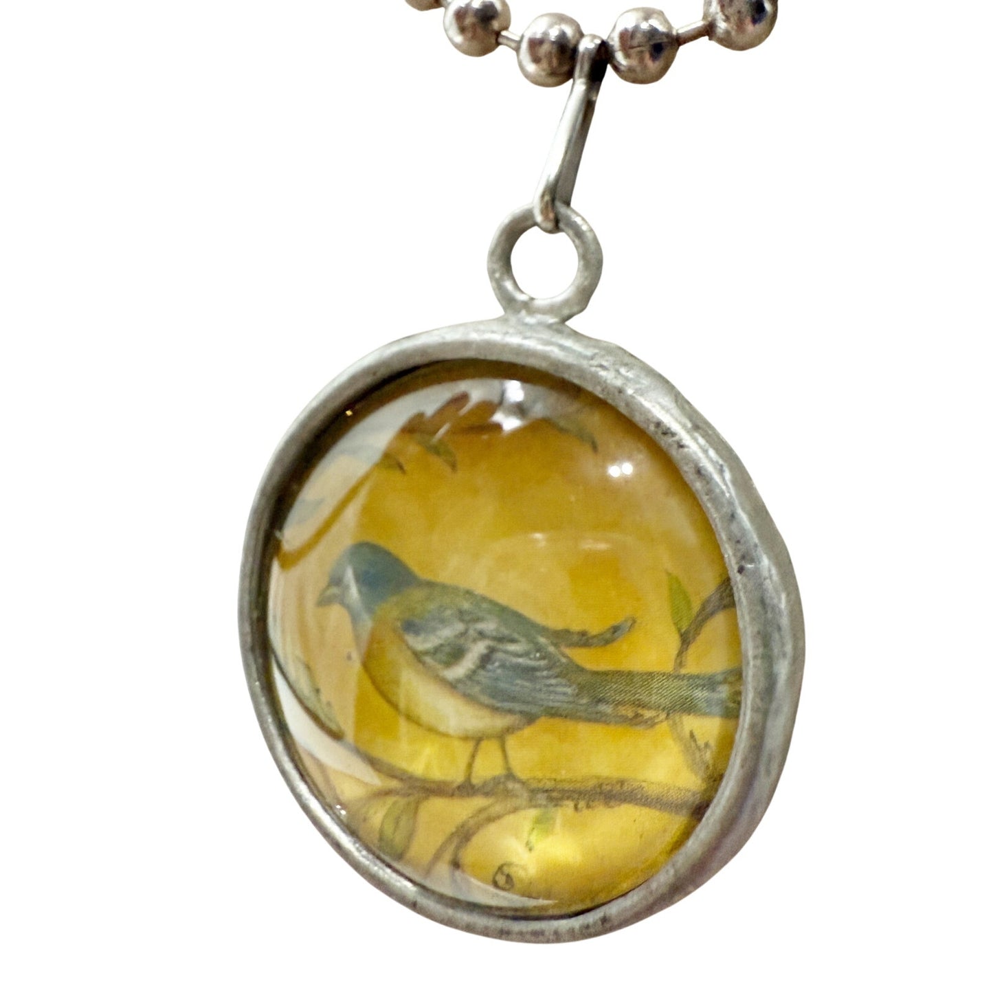 silver tone metal bead chain w/ round Bird Charm pendant Necklace yellow blue