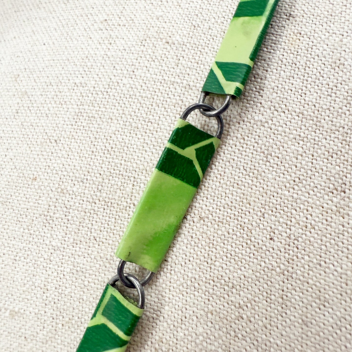 vintage dark & light green Paper Clip Tassel Necklace silver tone metal jewelry