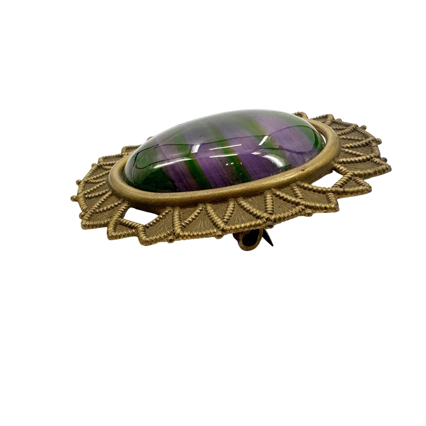 vintage antique gold tone metal purple & green oval stone BROOCH jewelry pin