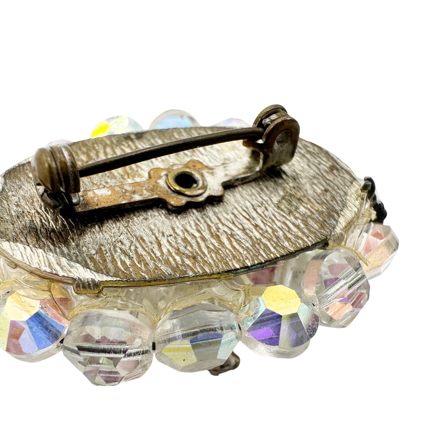 vintage iridescent beads & clear rhinestones BROOCH oval-shaped jewelry pin