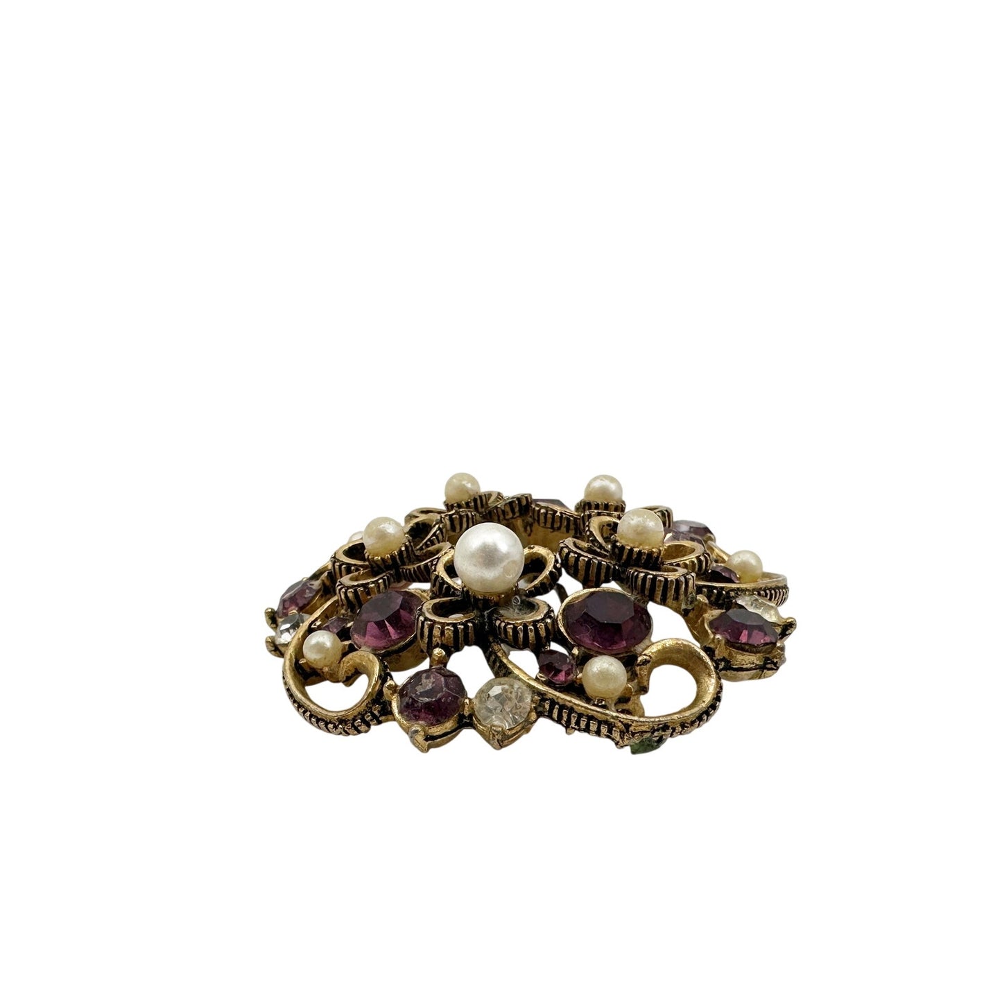 vintage gold purple faux pearls rhinestones flower BROOCH floral jewelry pin