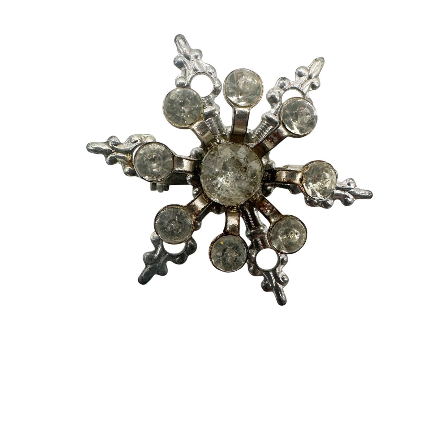 vintage silver metal & rhinestones snowflake BROOCH jewelry pin