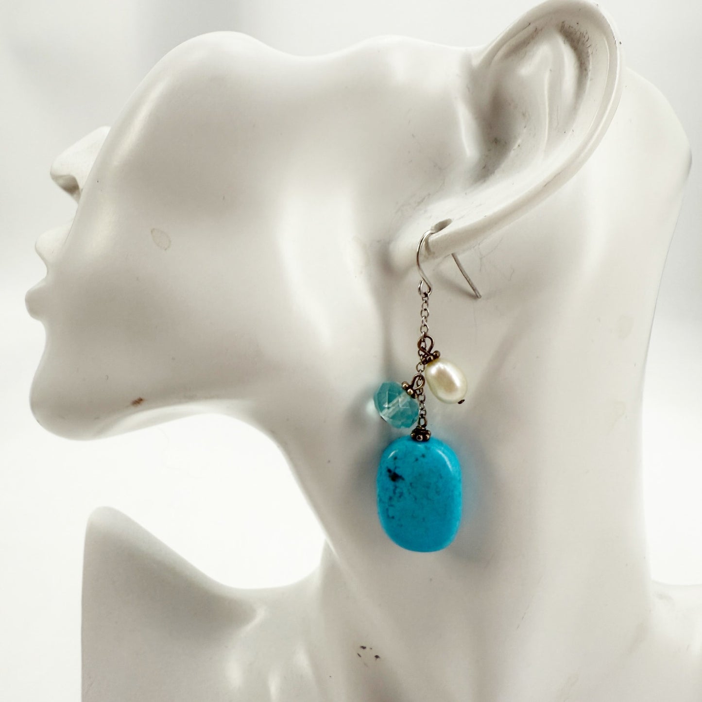 handmade blue white & silver beaded drop EARRINGS jewelry NEW vintage beads