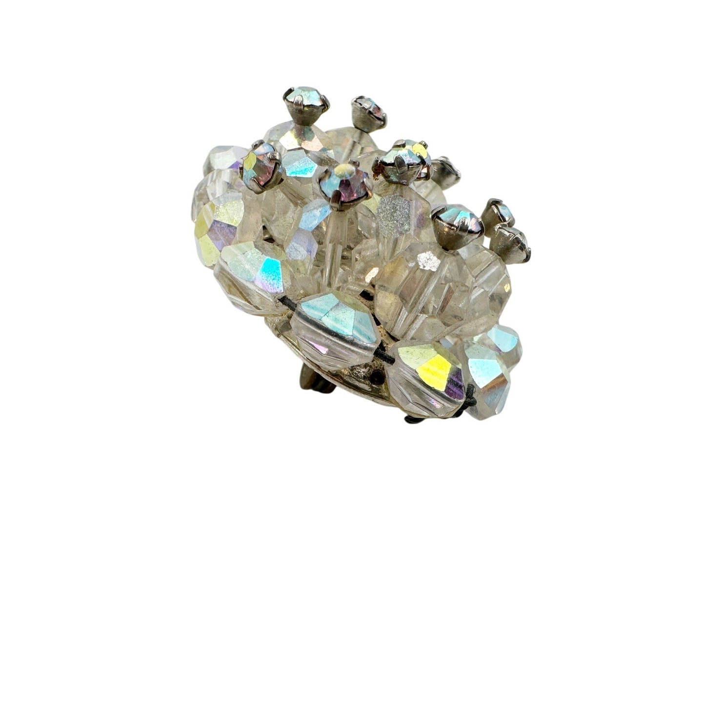 vintage iridescent beads & clear rhinestones BROOCH oval-shaped jewelry pin