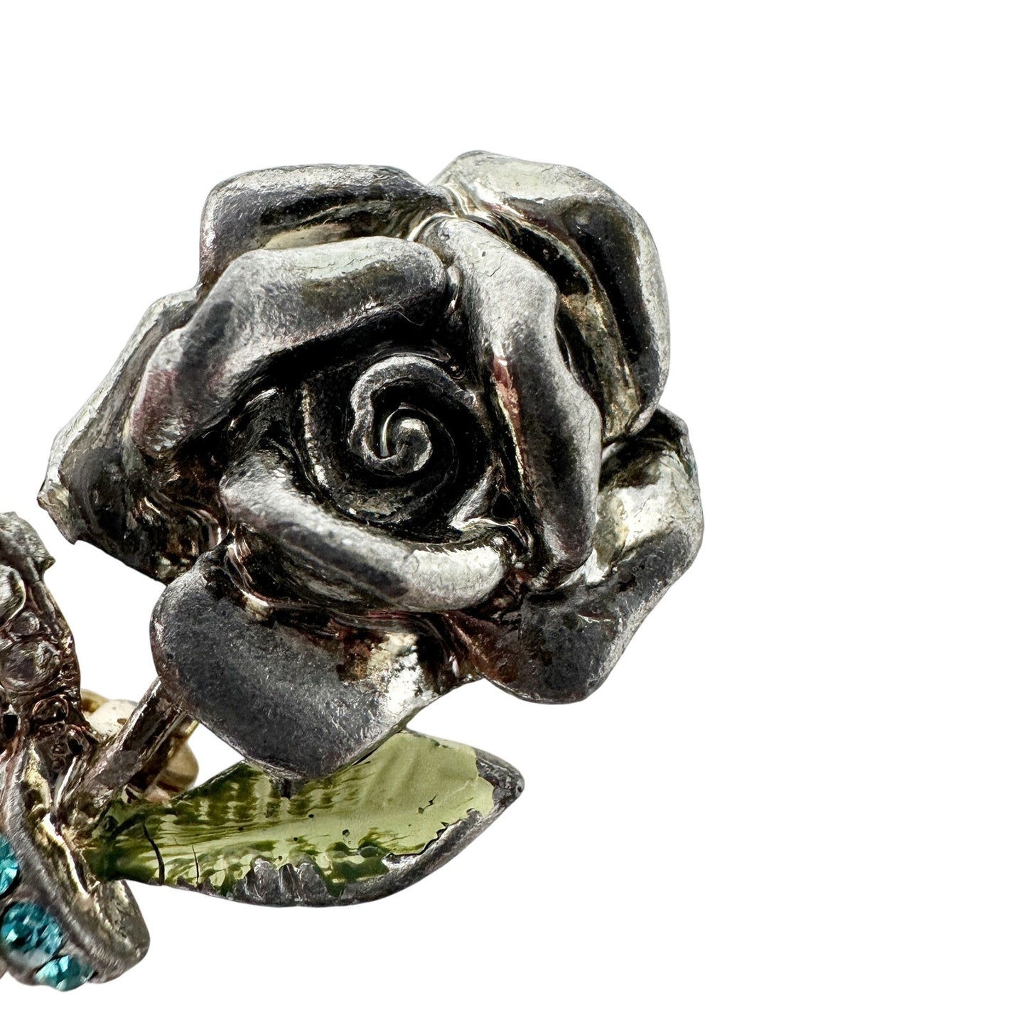 vintage silver metal turquoise rhinestones rose flower BROOCH floral jewelry pin