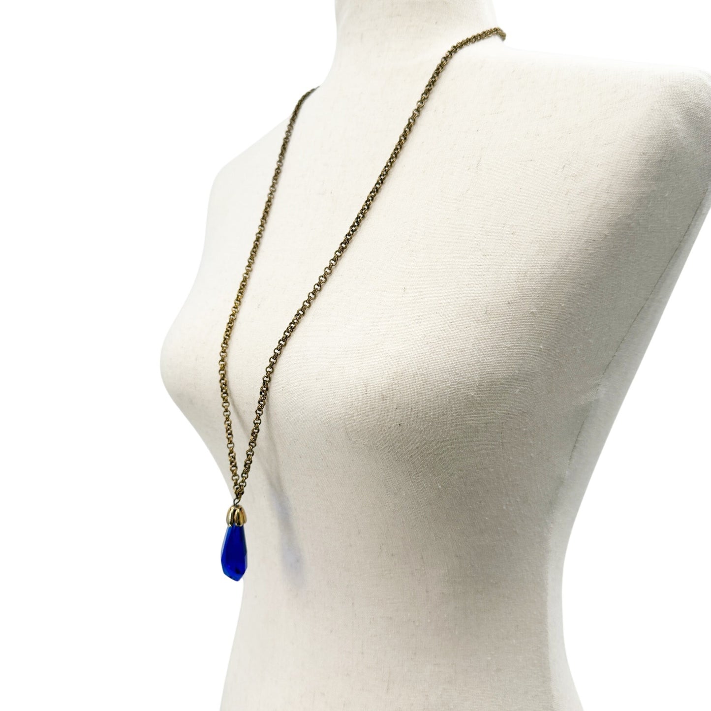 vintage gold metal cable chain & blue acrylic Pendant Necklace costume jewelry