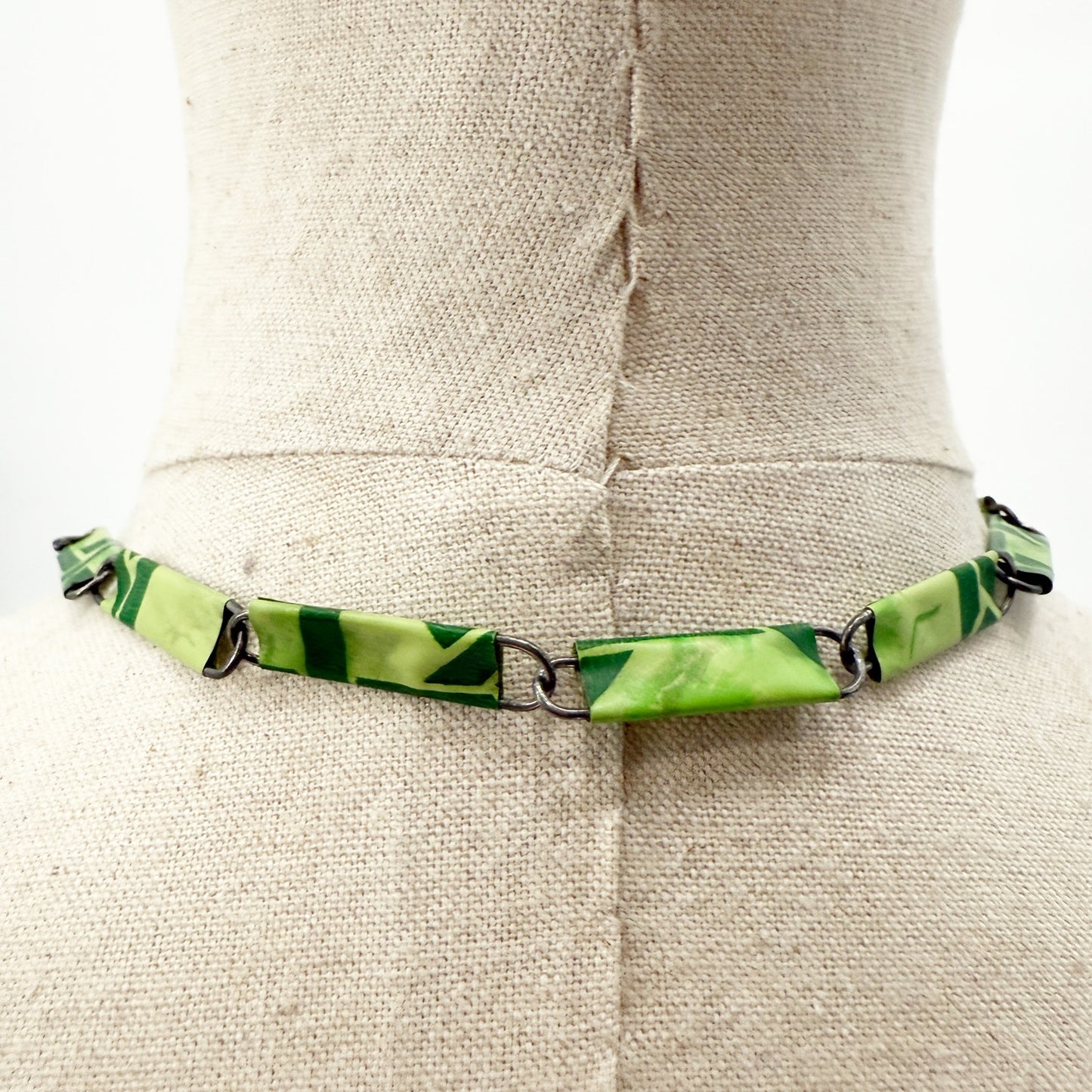 vintage dark & light green Paper Clip Tassel Necklace silver tone metal jewelry
