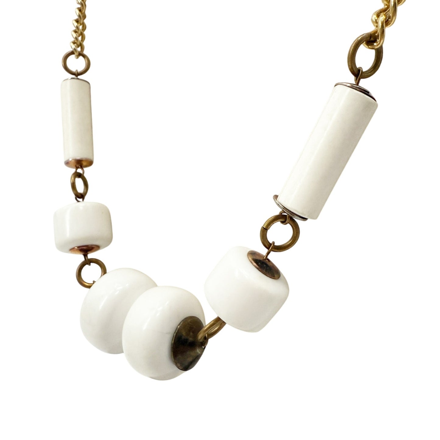 vintage gold tone metal chain chunky white beads Beaded Necklace costume jewelry