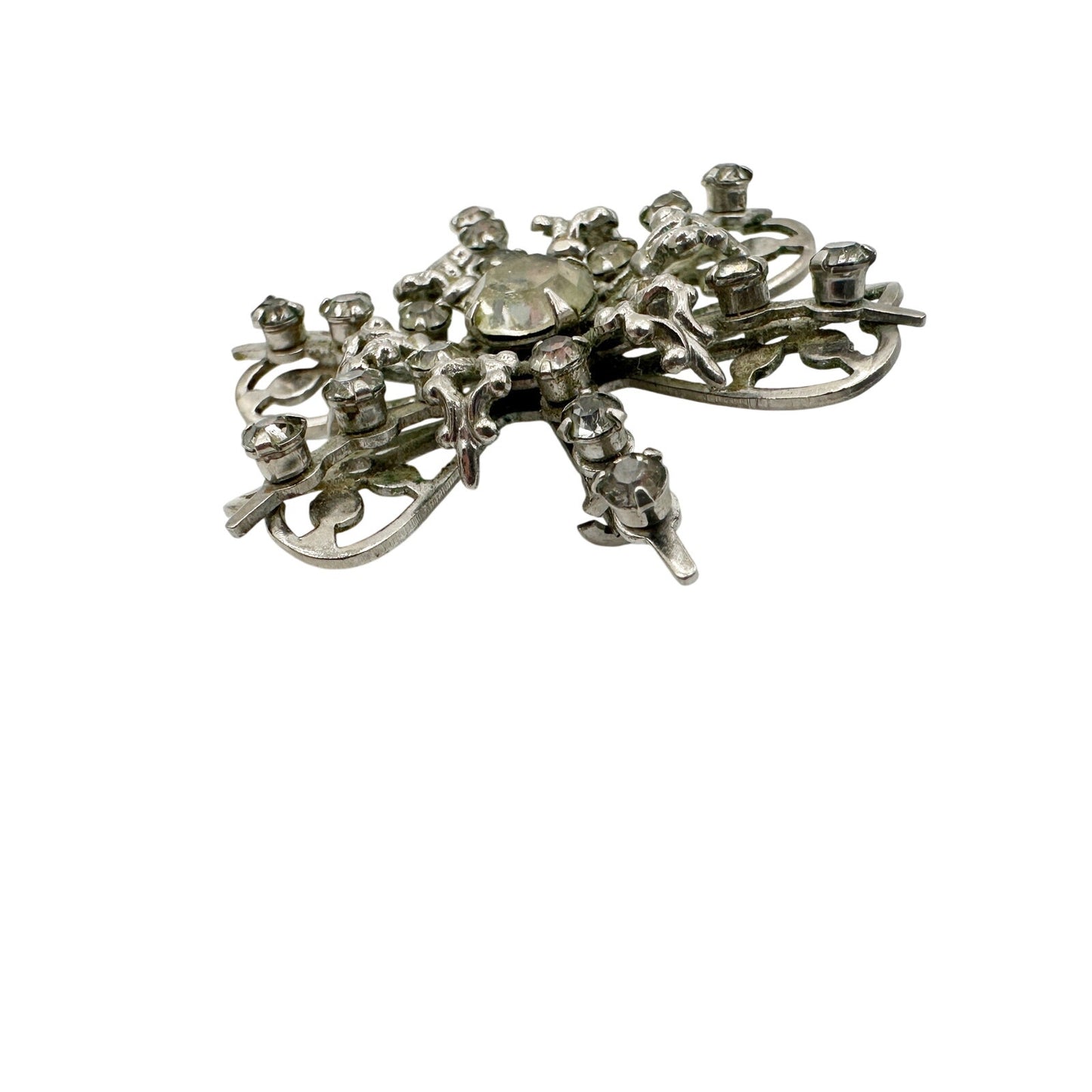 vintage silver metal & clear rhinestones BROOCH jewelry pin
