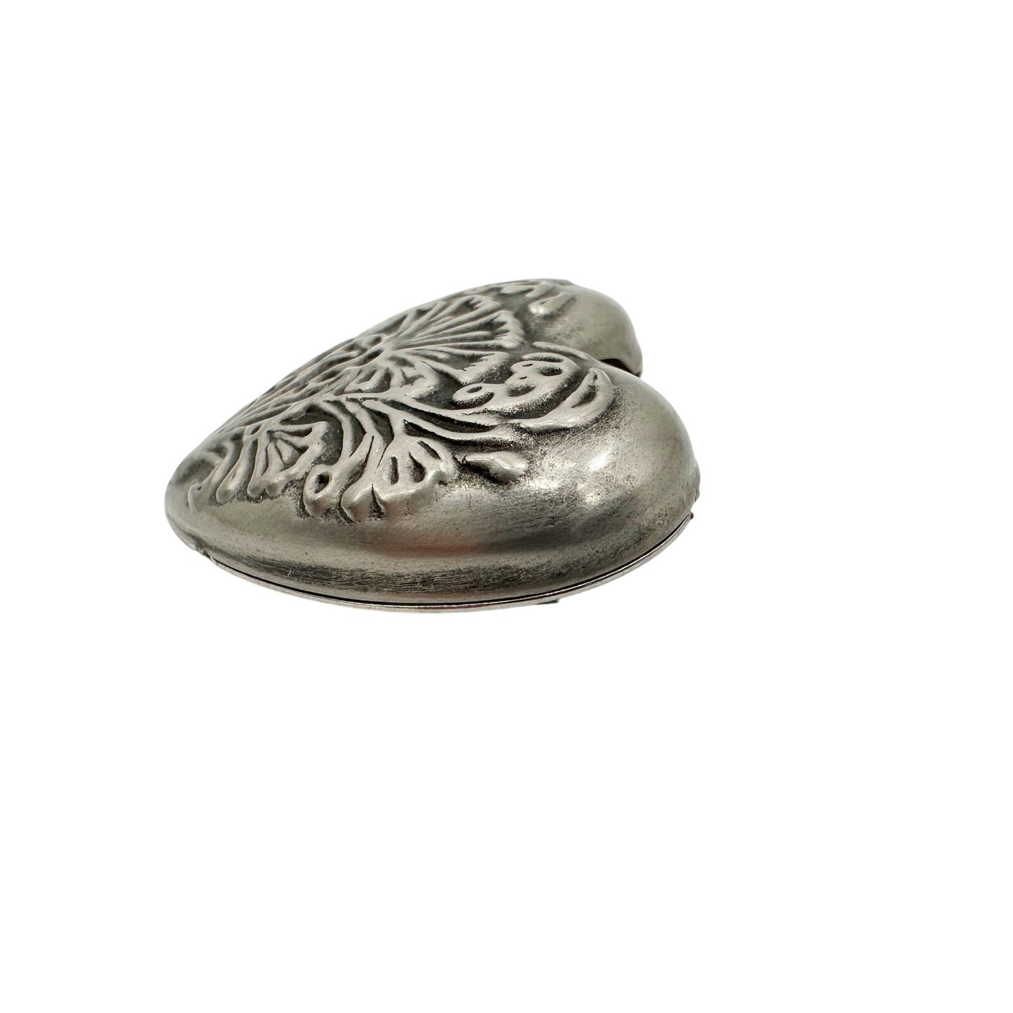 vintage puffy puff heart silver tone metal BROOCH etched floral jewelry pin