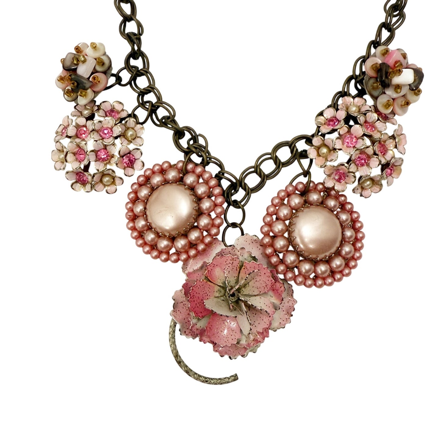 vintage pink earrings & brooches NECKLACE flowers rhinestones faux pearls