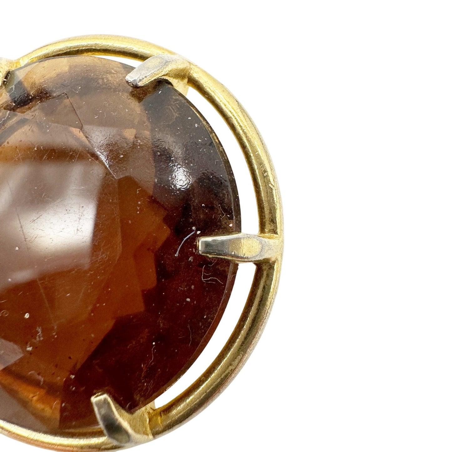 vintage gold metal & translucent brown stone BROOCH round jewelry pin
