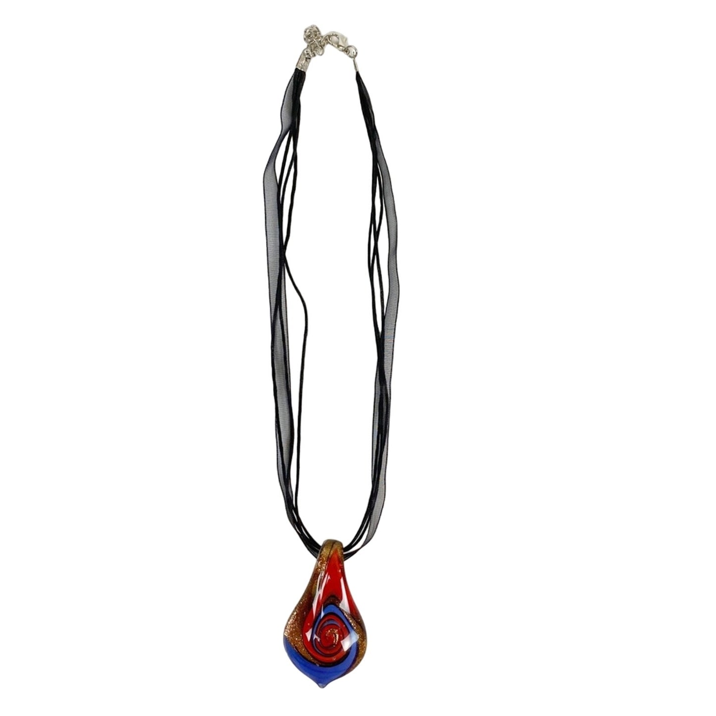 red blue & gold abstract ART black pendant NECKLACE costume jewelry 17" strand