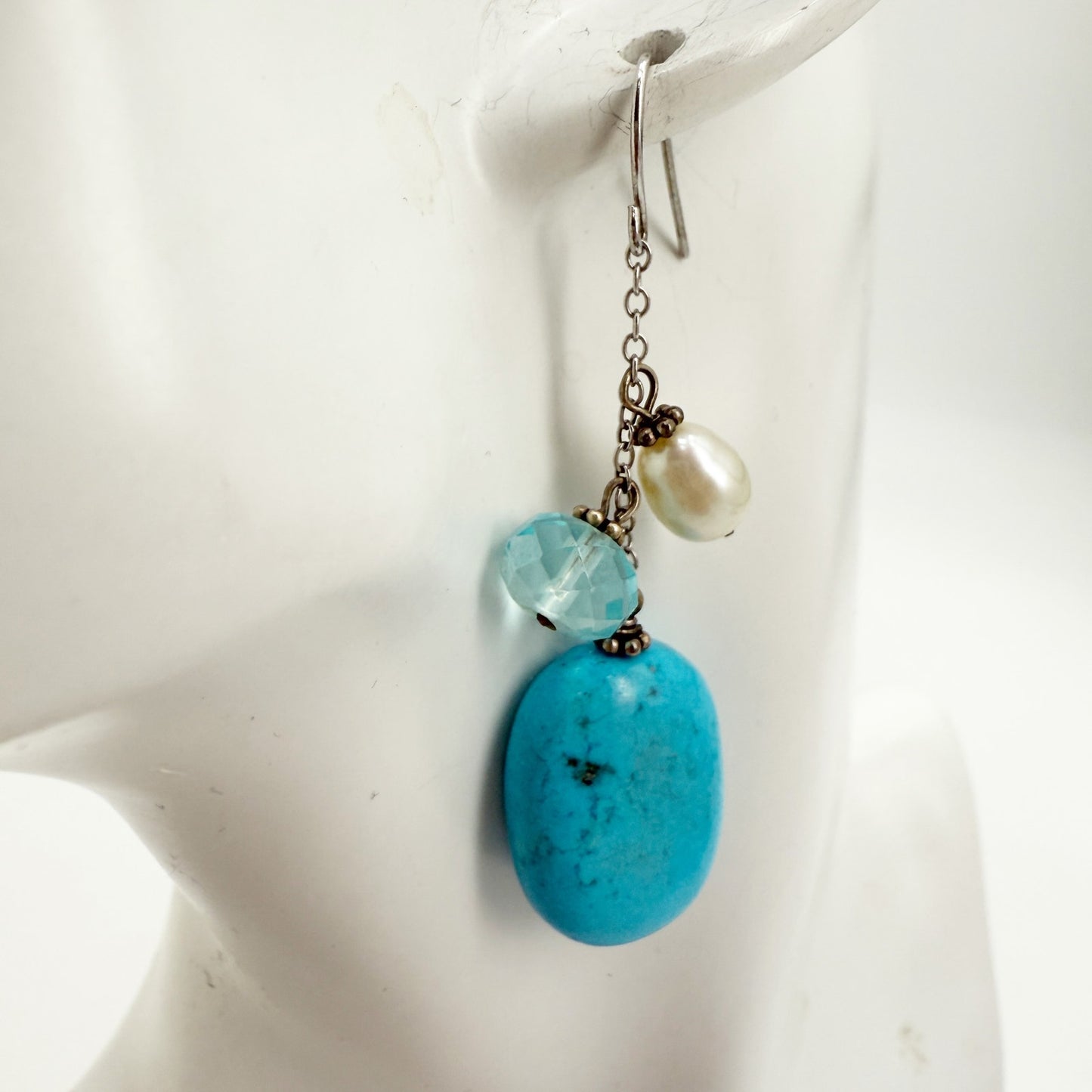 handmade blue white & silver beaded drop EARRINGS jewelry NEW vintage beads