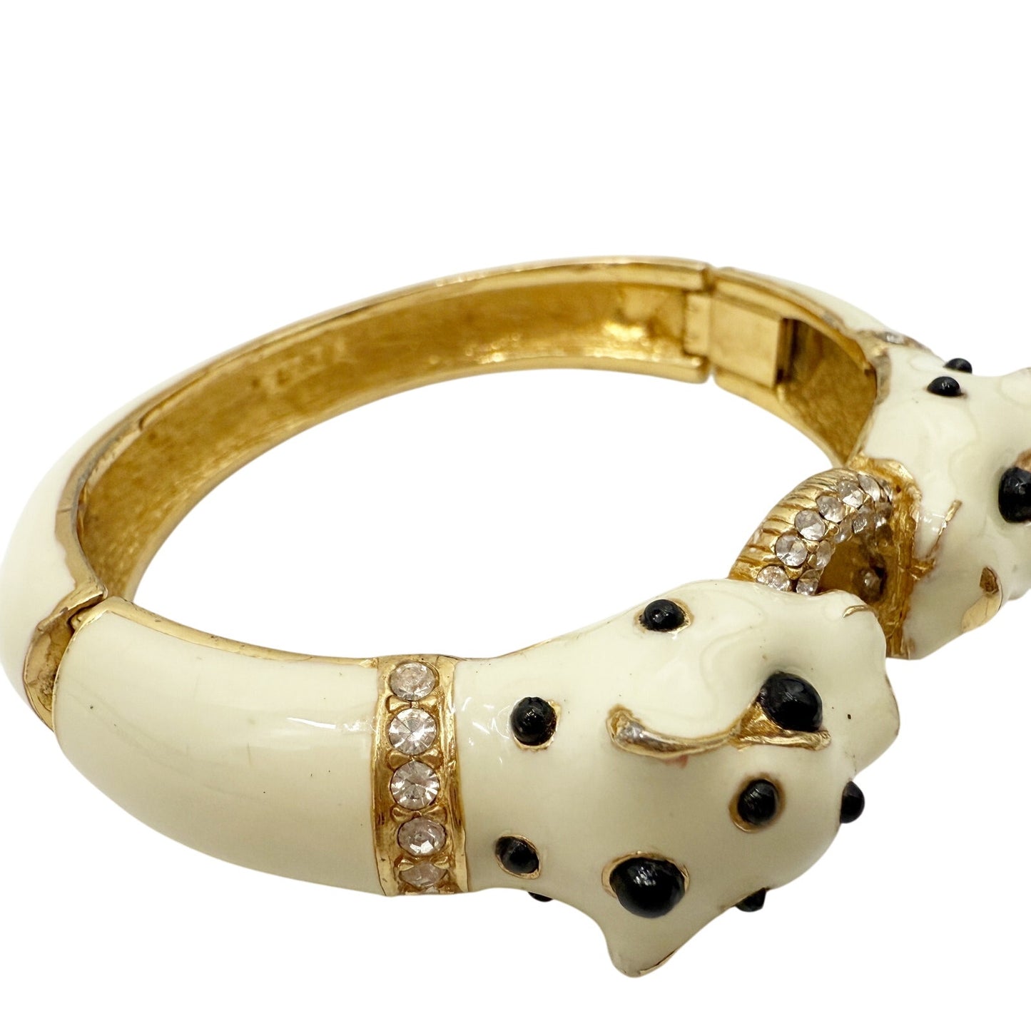 vintage Ciner double panther heads cream Enamel Bangle bracelet costume jewelry