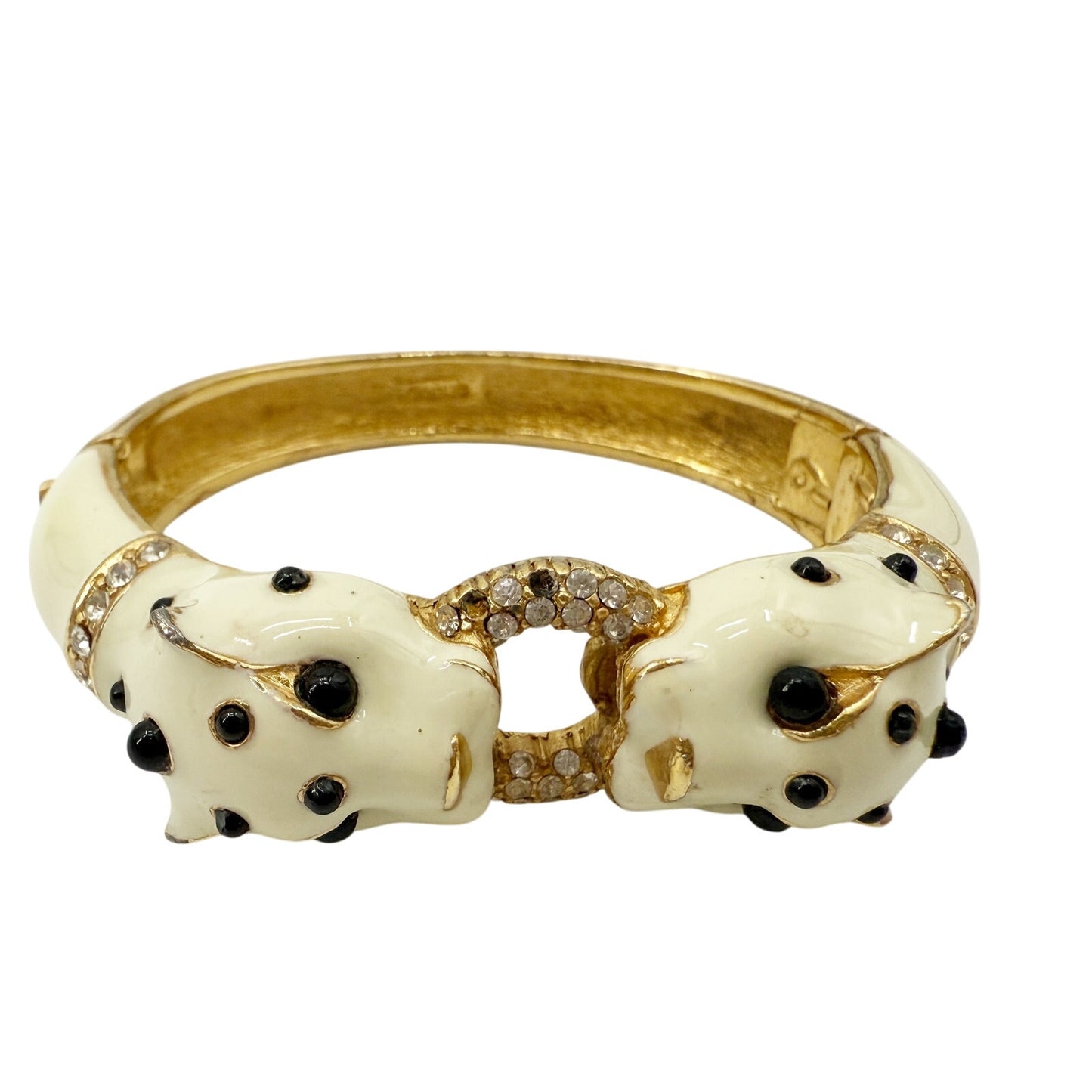 vintage Ciner double panther heads cream Enamel Bangle bracelet costume jewelry