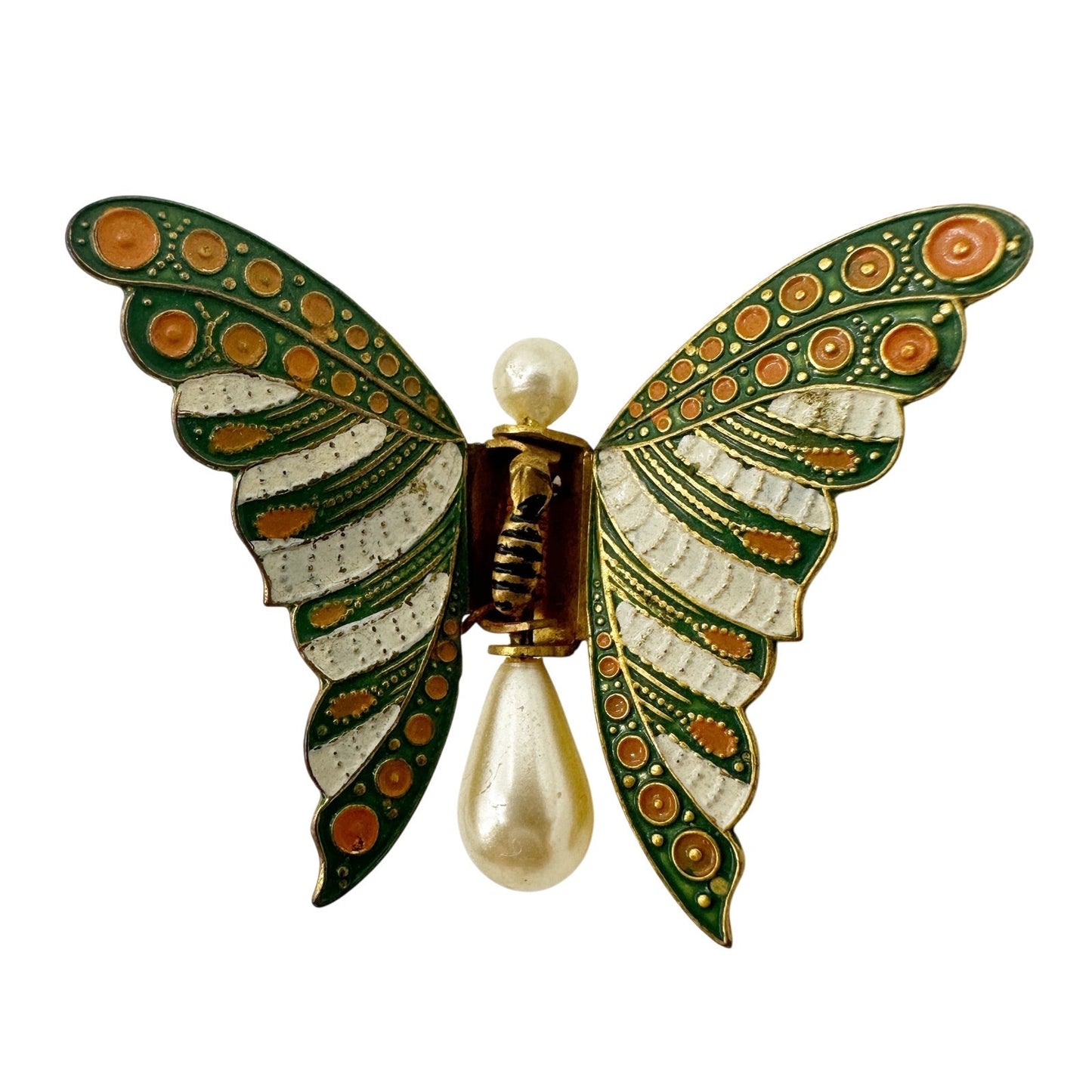 vintage Butterfly Clip green orange gold faux pearls jewelry pin made in SPAIN