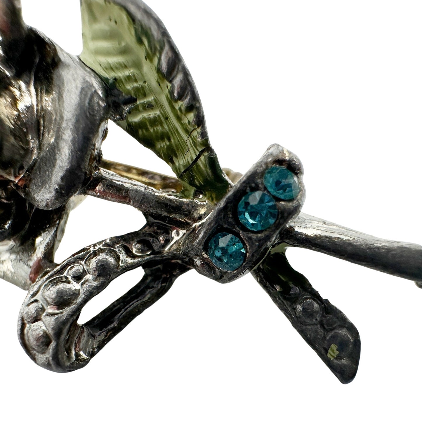 vintage silver metal turquoise rhinestones rose flower BROOCH floral jewelry pin