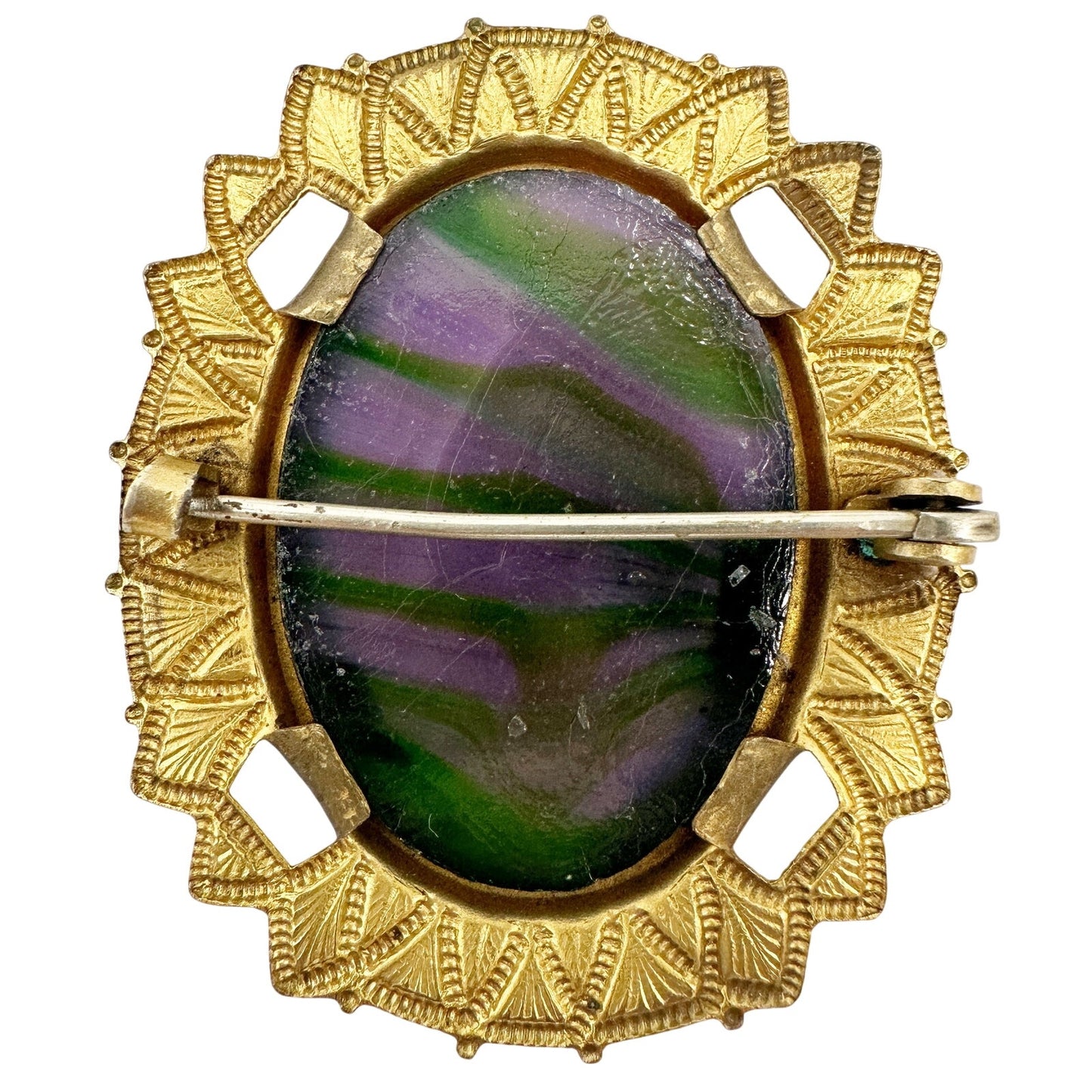 vintage antique gold tone metal purple & green oval stone BROOCH jewelry pin