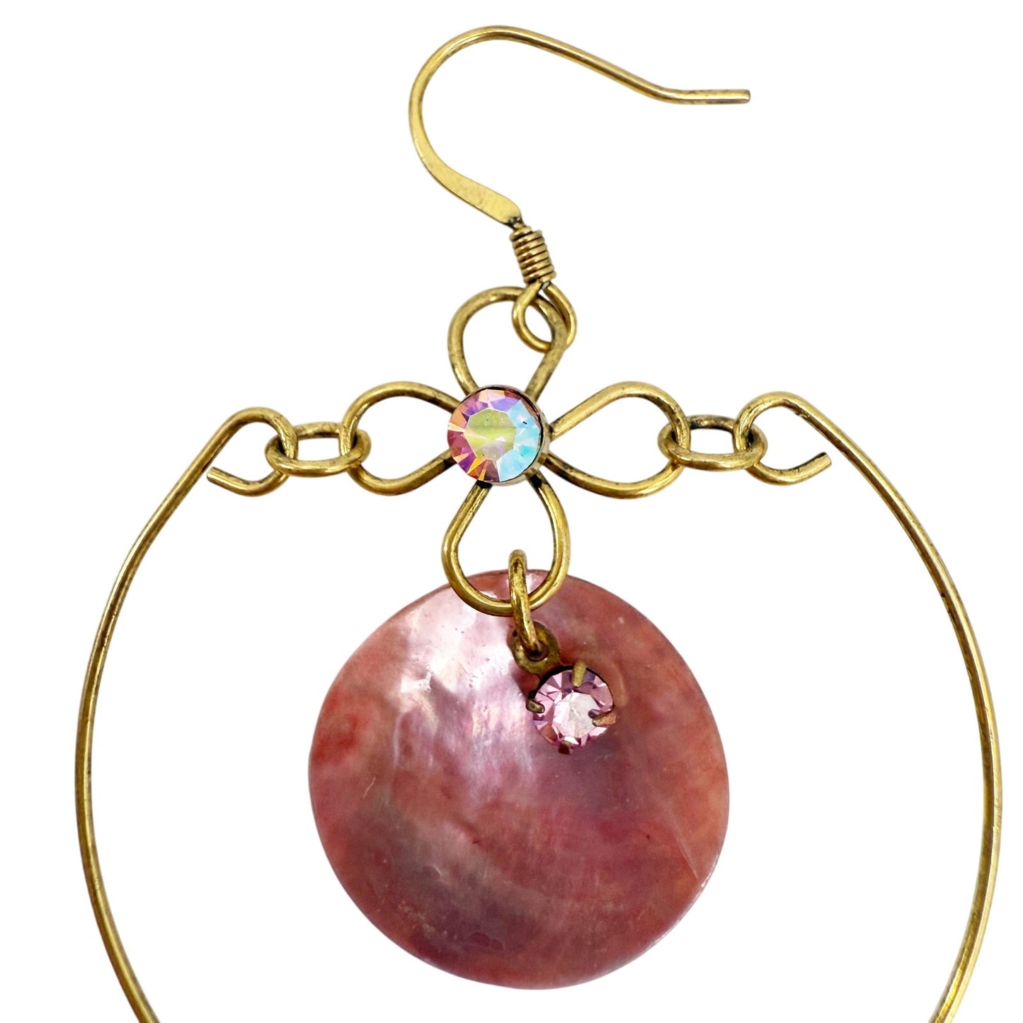 vintage BOHO gold pink shimmer shells rhinestones hook dangle EARRINGS jewelry