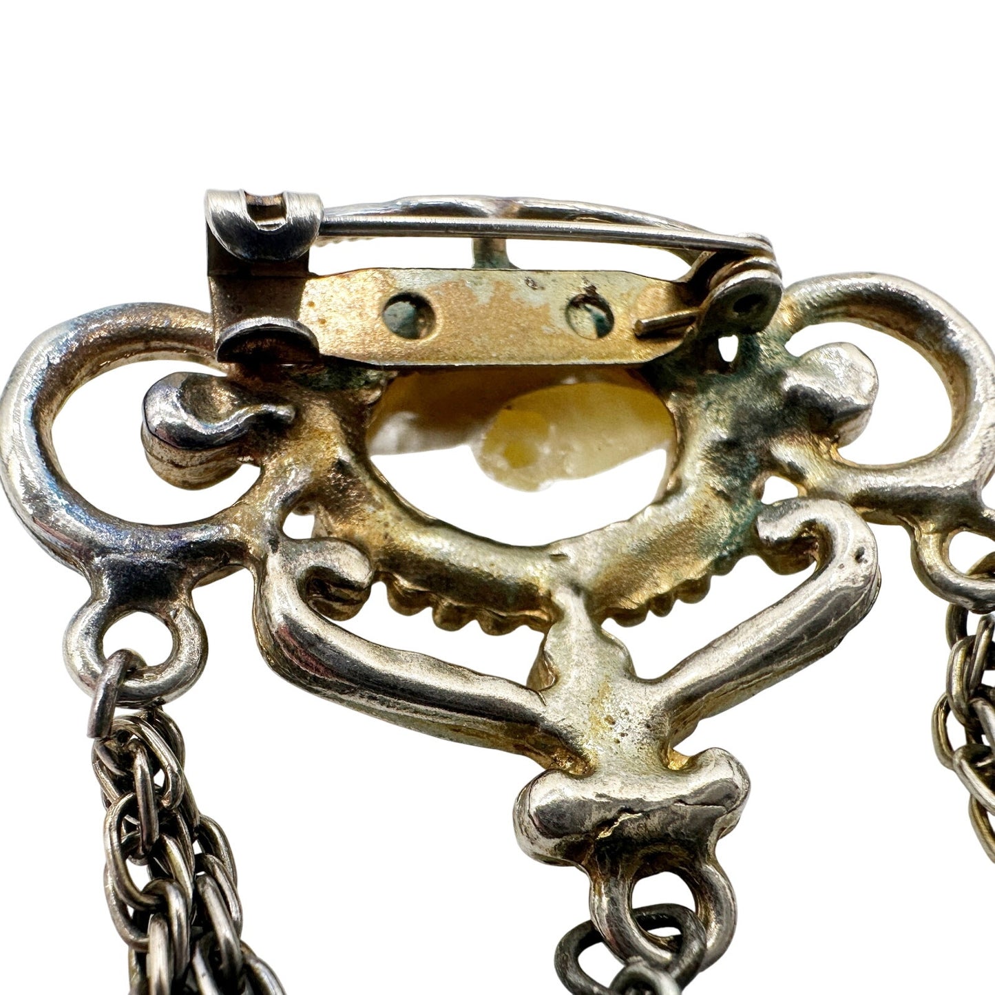 vintage silver metal rhinestones faux pearls BROOCH chain jewelry pin