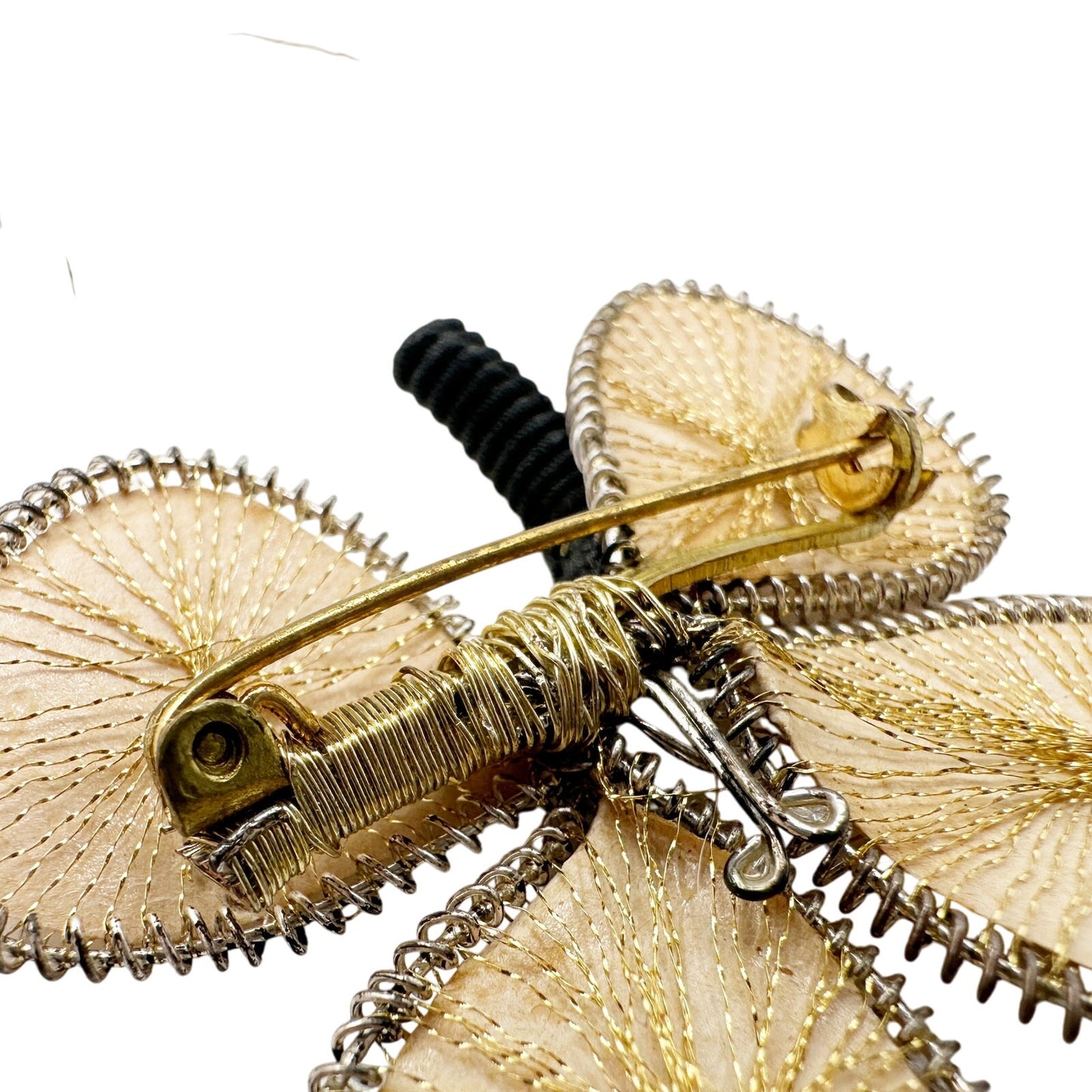 vintage black cream & metallic gold threads Butterfly BROOCH jewelry pin