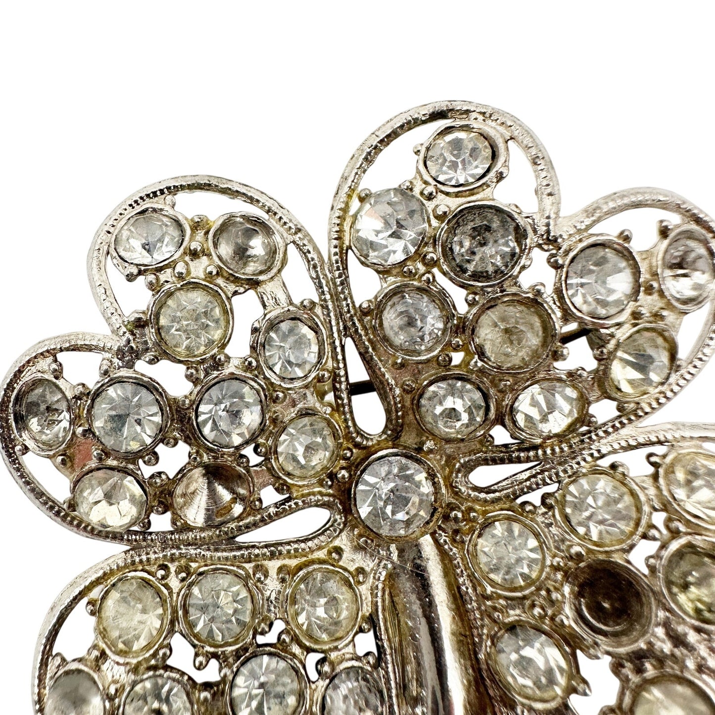 vintage silver & clear rhinestones four leaf clover BROOCH jewelry pin